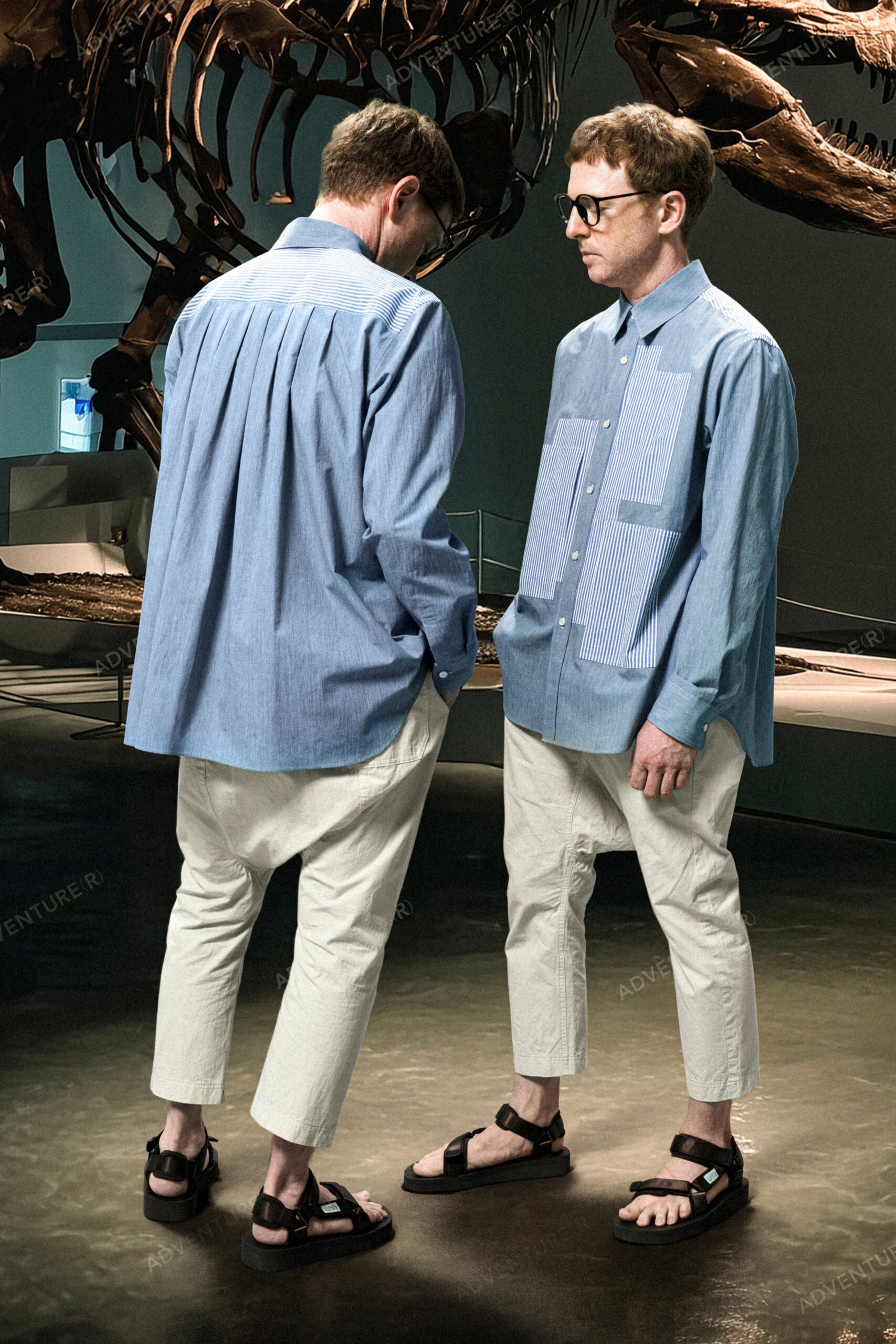blue and white relaxed shirts with white pants and black sandals