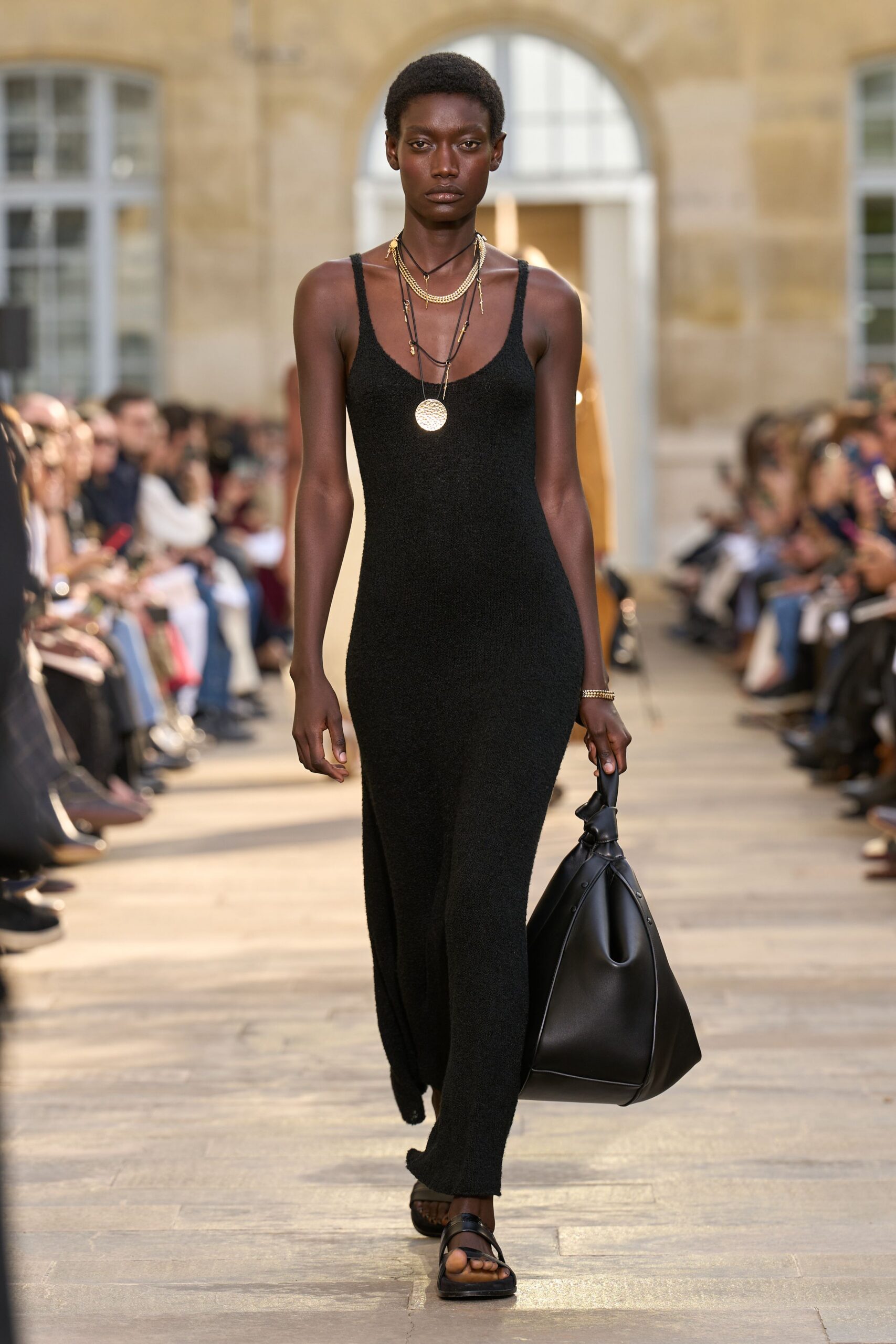 black wool sleeveless v-neck fitted straight-leg maxi dress