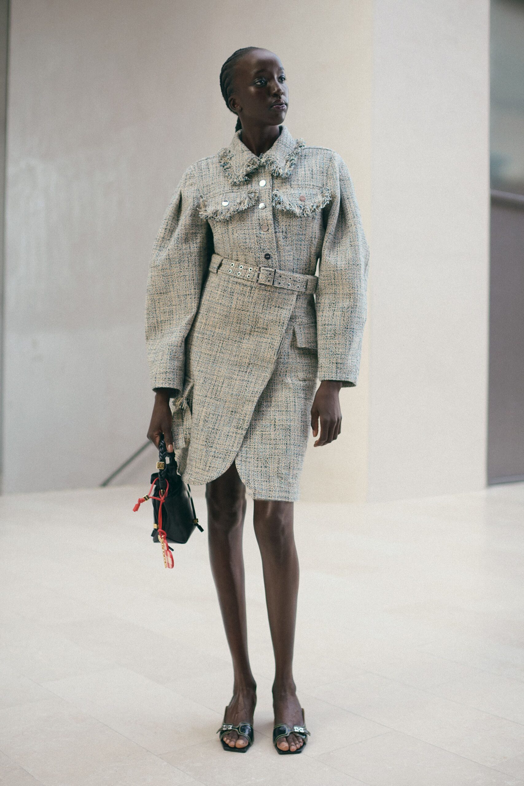 gray tweed long-sleeve collared fitted belted embroidered dress
