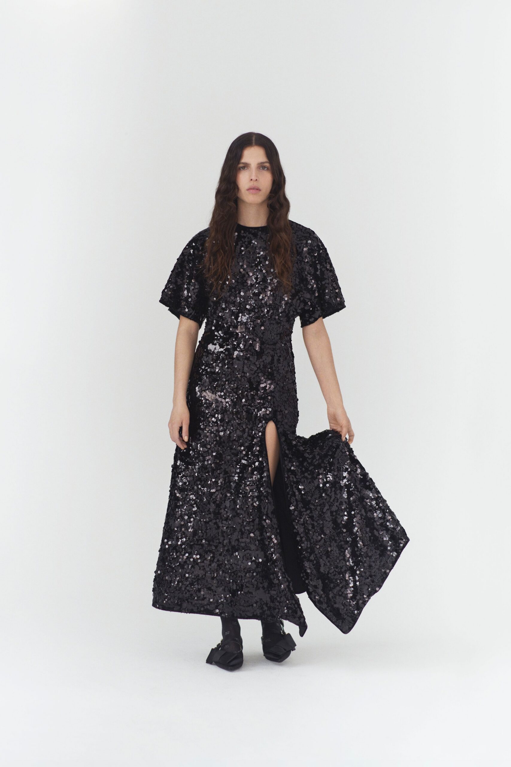 black sequin maxi gown with slit