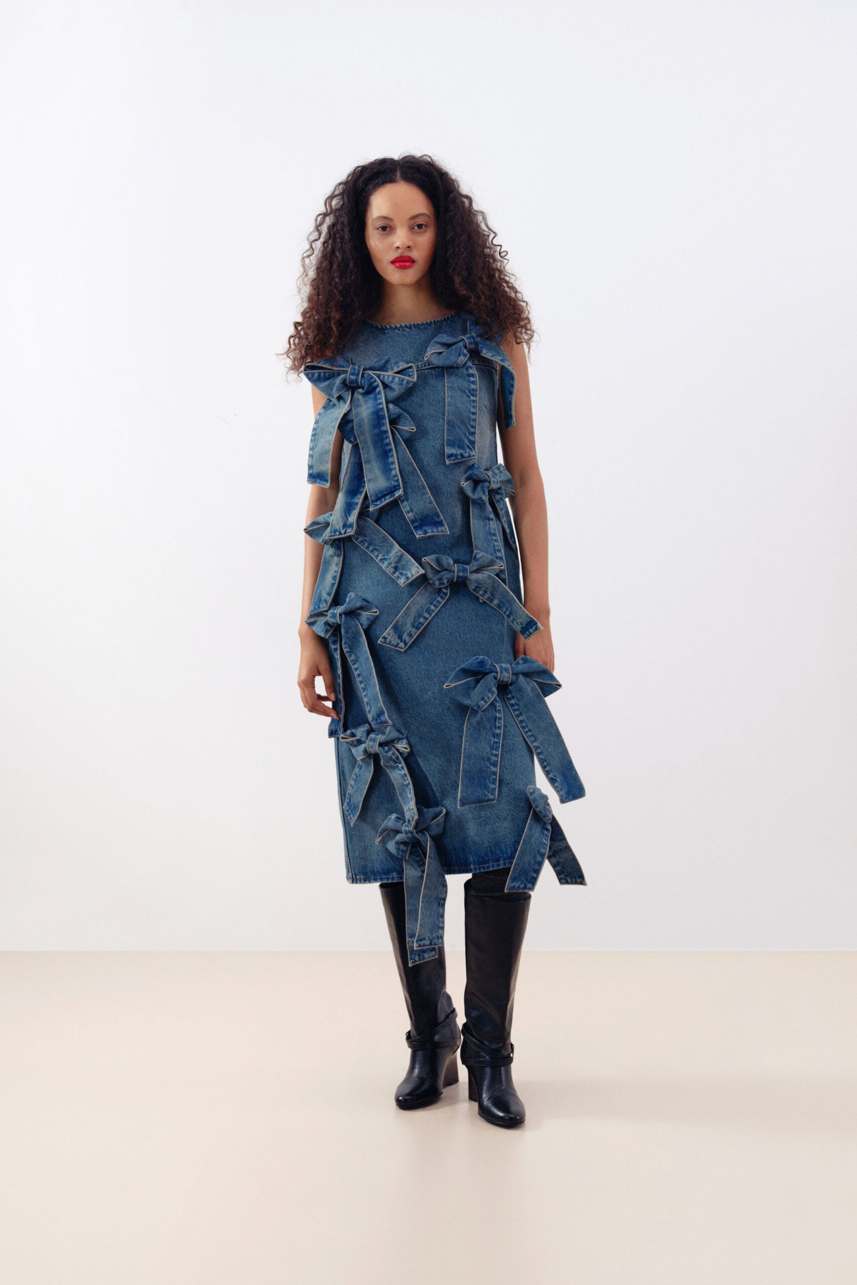 blue denim sleeveless high-neck fitted ruffled layered dress
