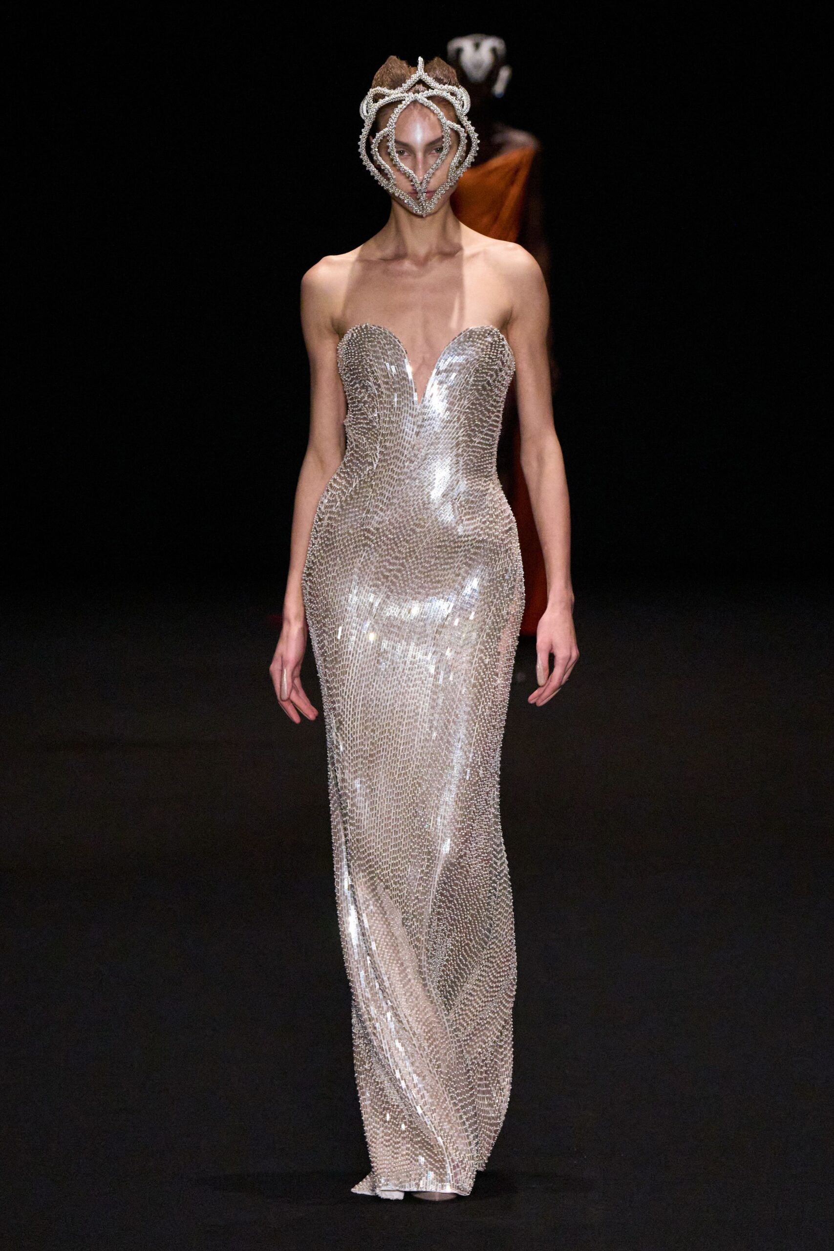 fitted silver embellished gown