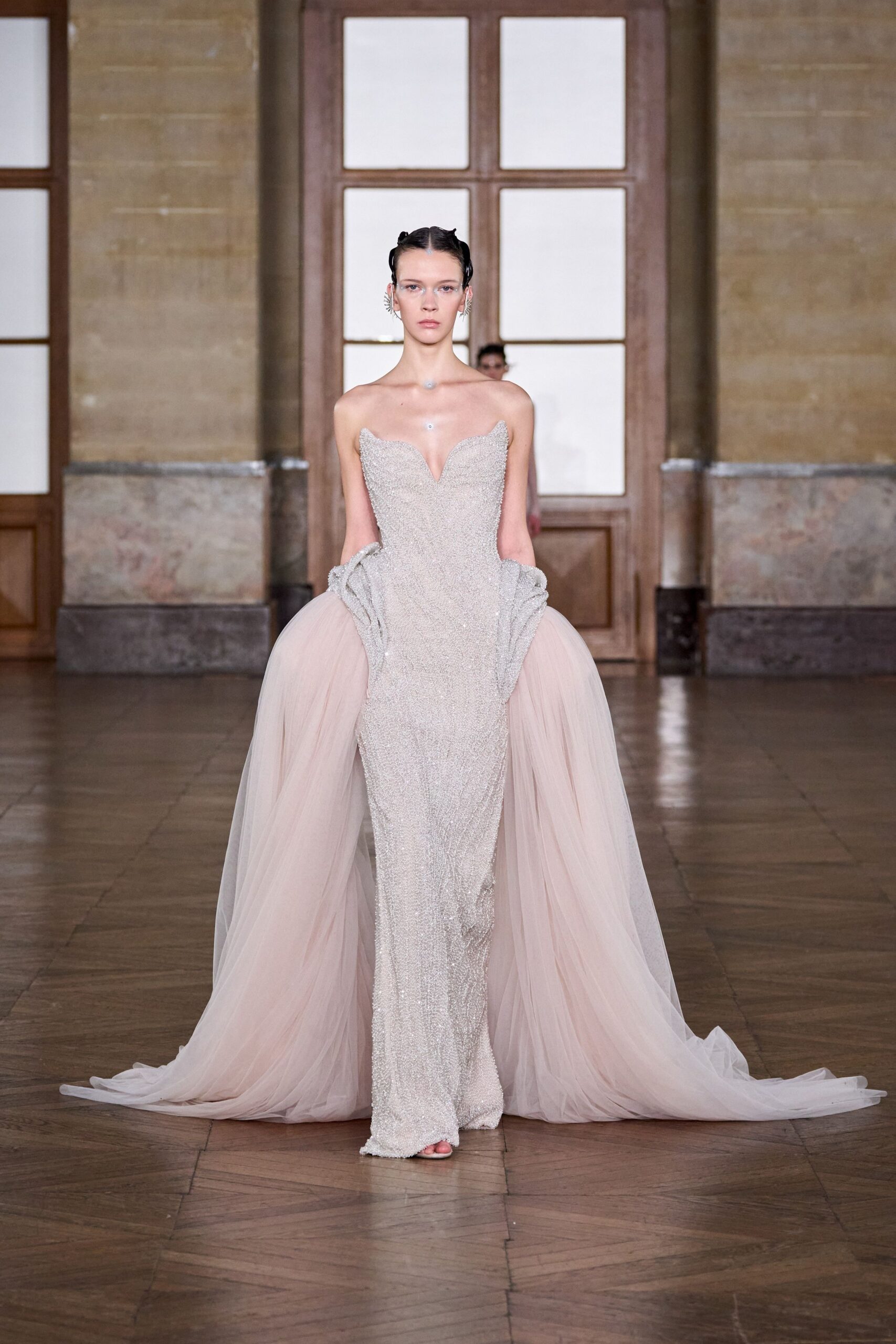 silver beaded strapless gown
