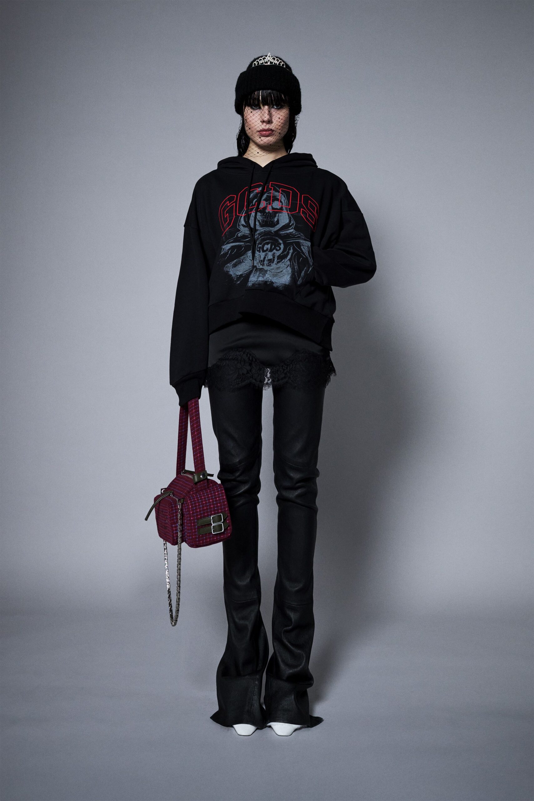 black hoodie with leather pants