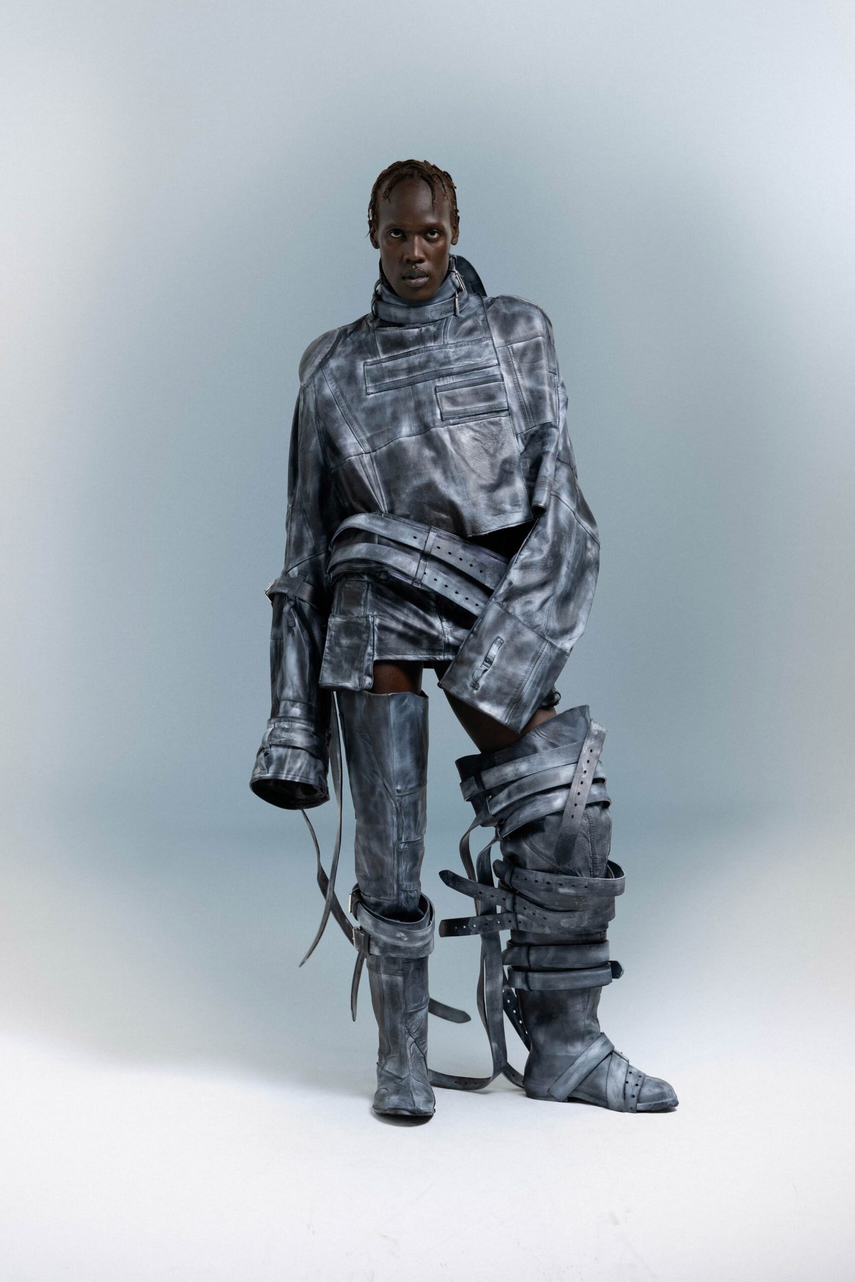 gray leather long-sleeve high-neck oversized layered zippered top