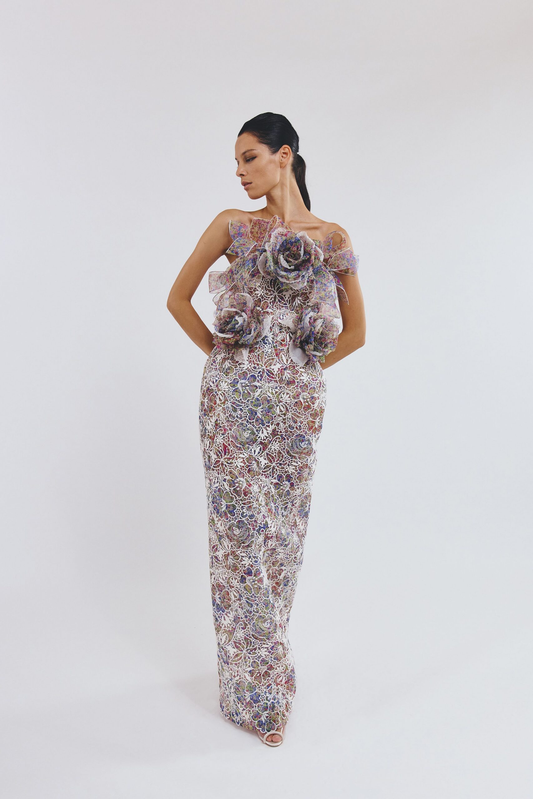 multi lace sleeveless off-shoulder fitted floral layered gown