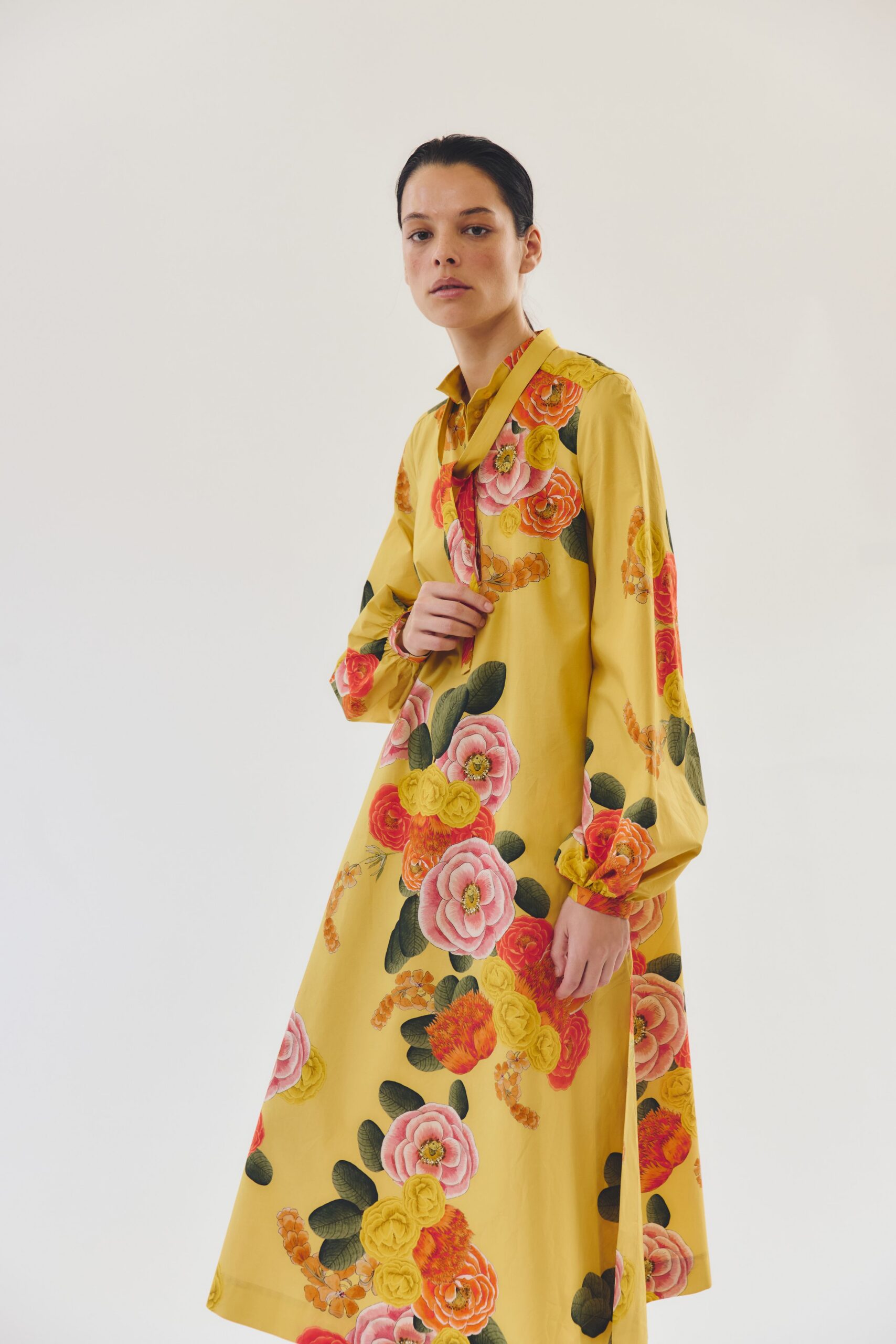 yellow floral long-sleeve dress