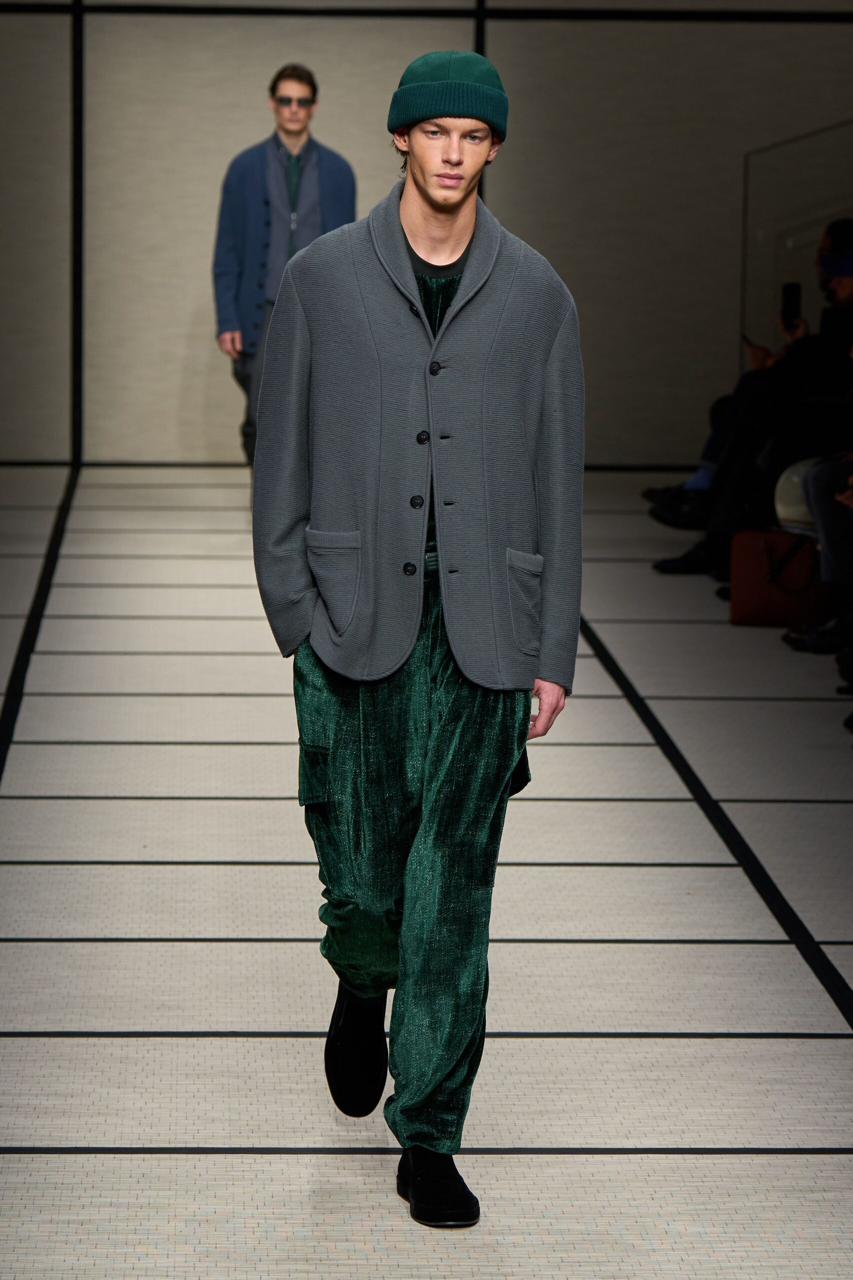 gray wool jacket green velvet pants