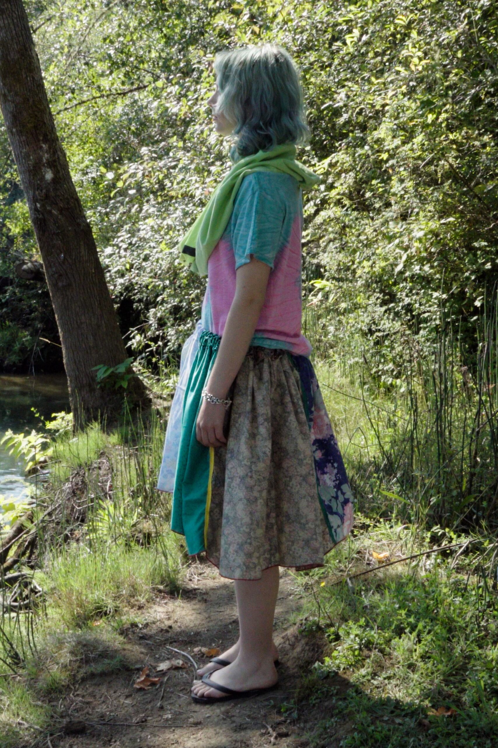 pink blue relaxed top with multi-tiered skirt