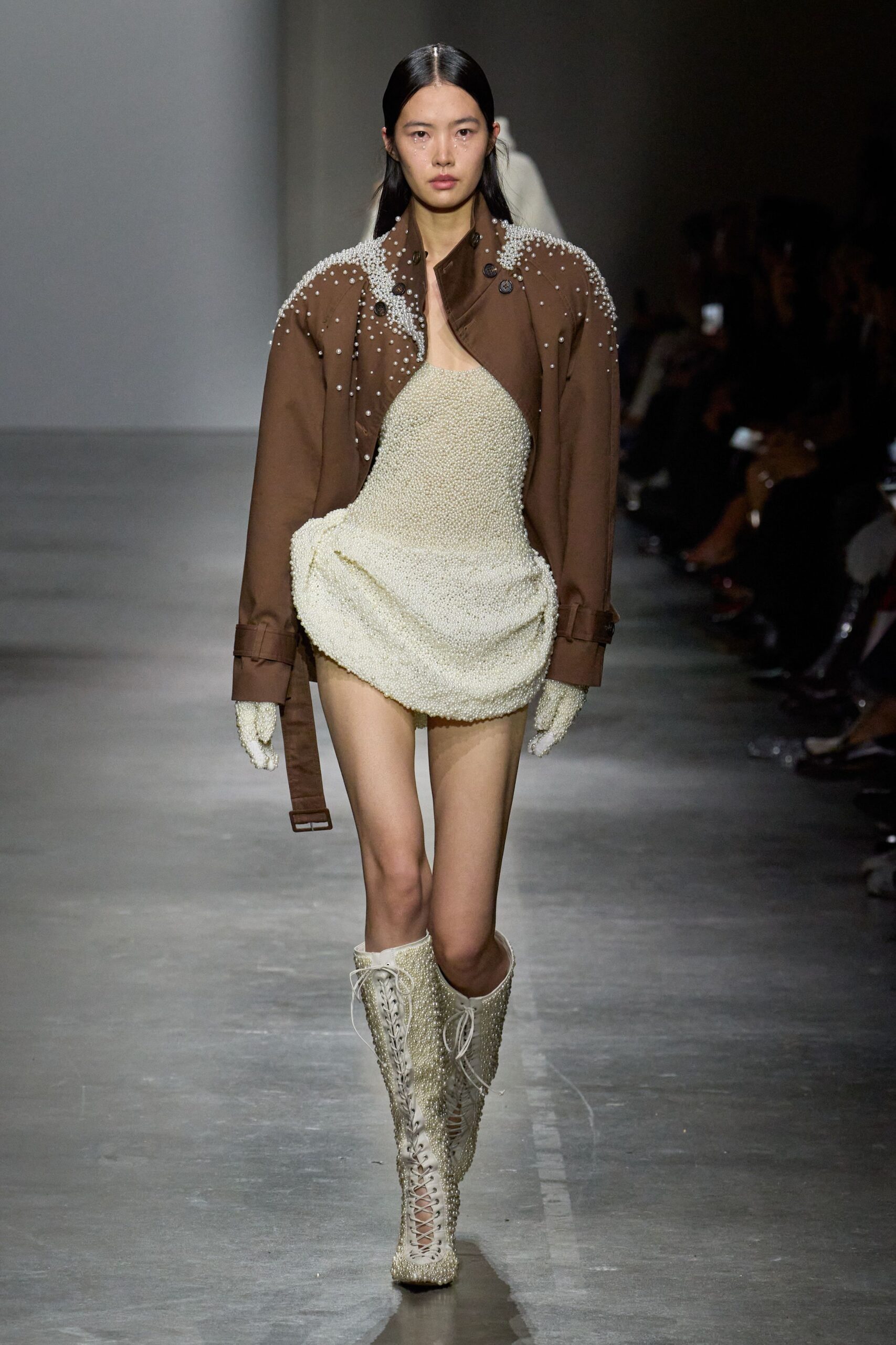brown cotton long-sleeve collared oversized buttoned embellished jacket