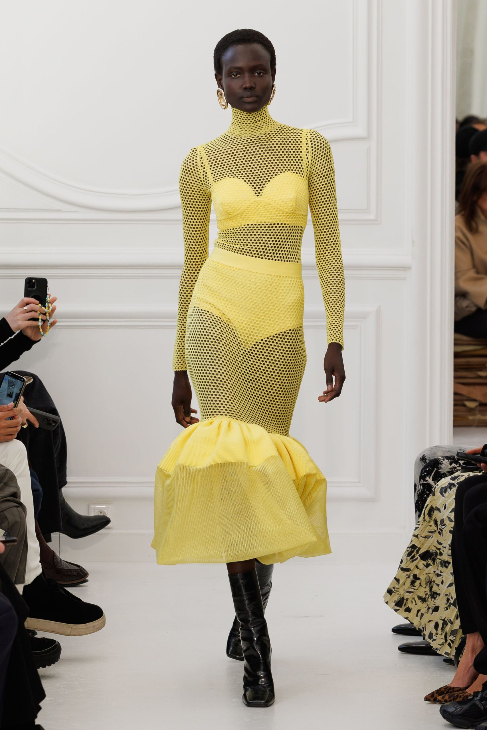 yellow mesh long-sleeve high-neck fitted layered flared dress