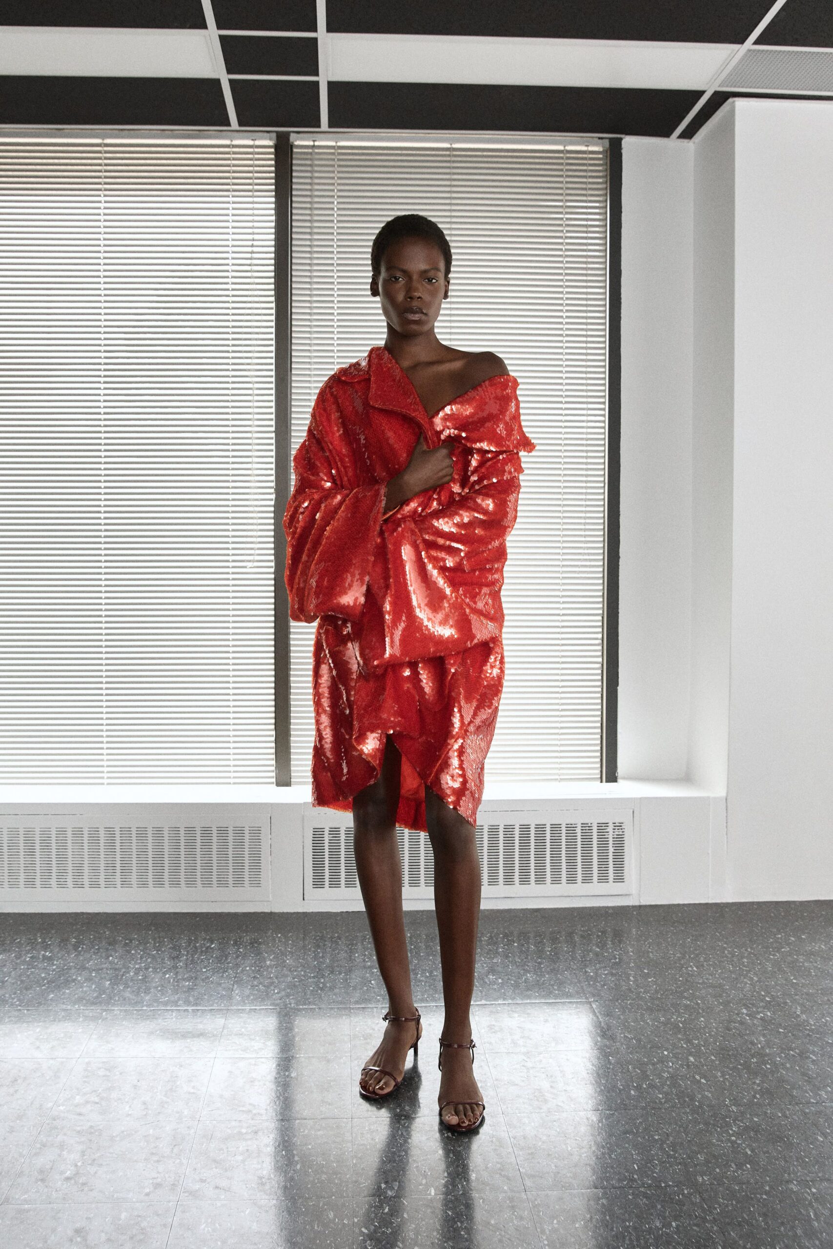 red velvet long-sleeve off-shoulder relaxed ruffled draped dress