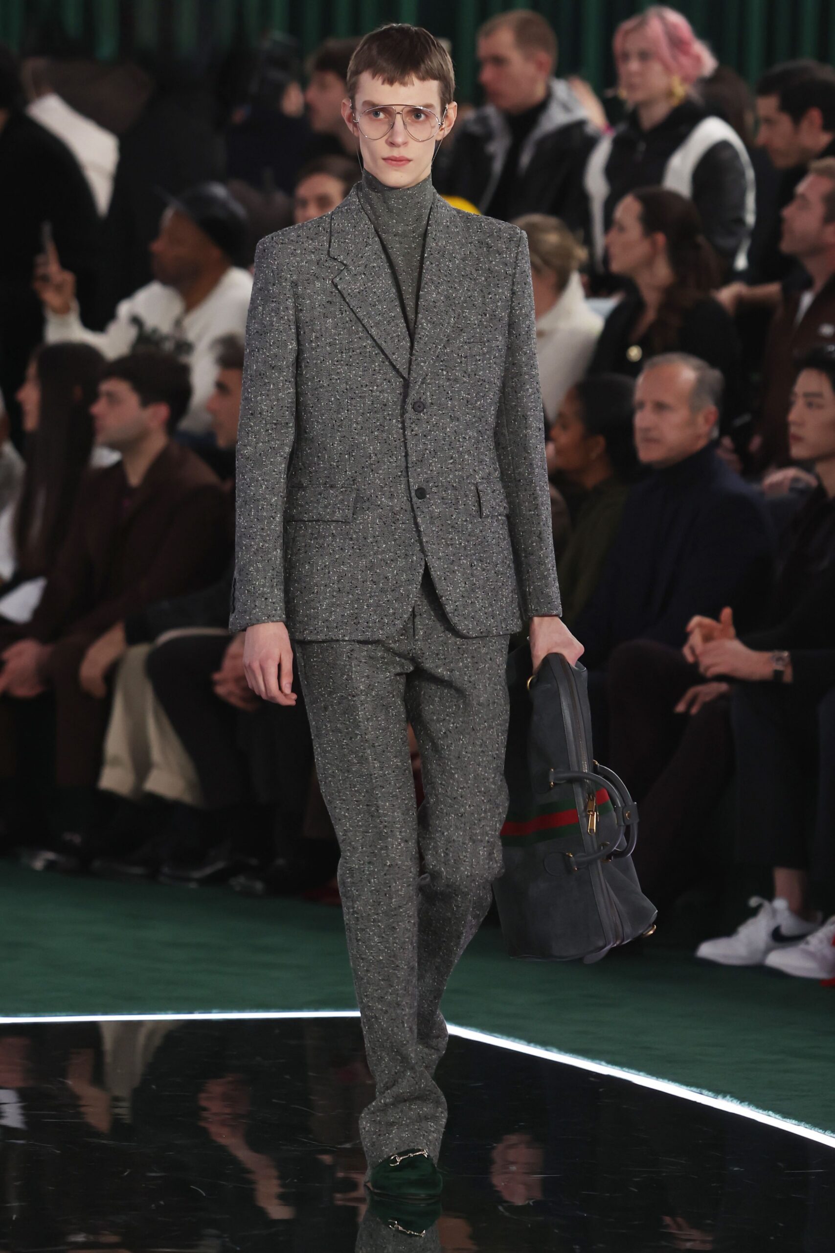 gray tweed long-sleeve collared tailored buttoned pencil suit