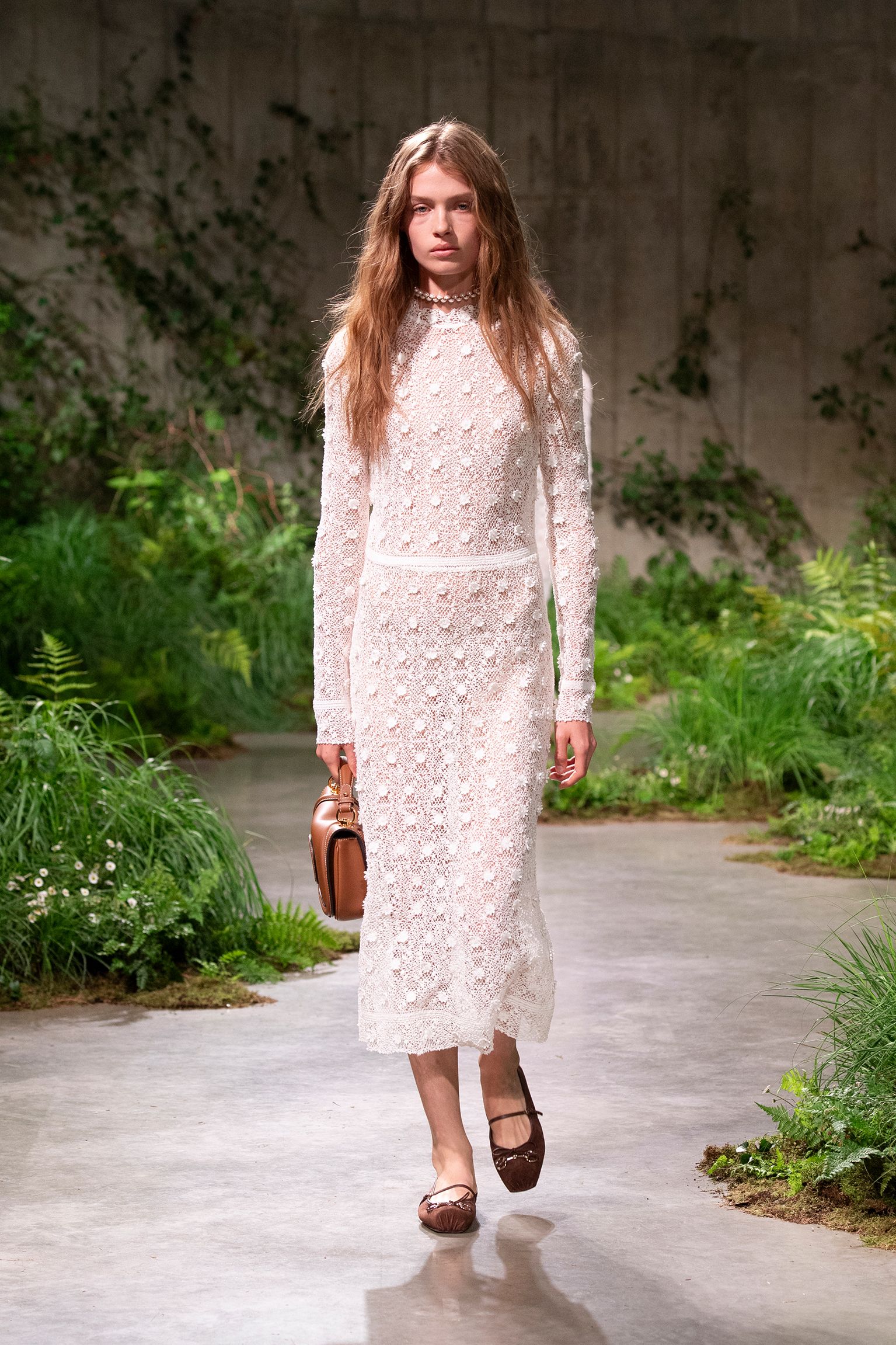 white lace long-sleeve high-neck fitted embroidered tiered dress