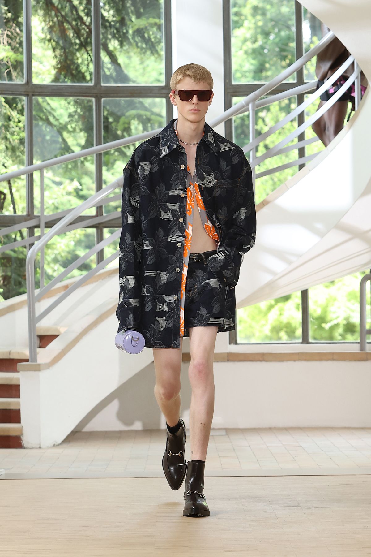 black floral shirt with shorts