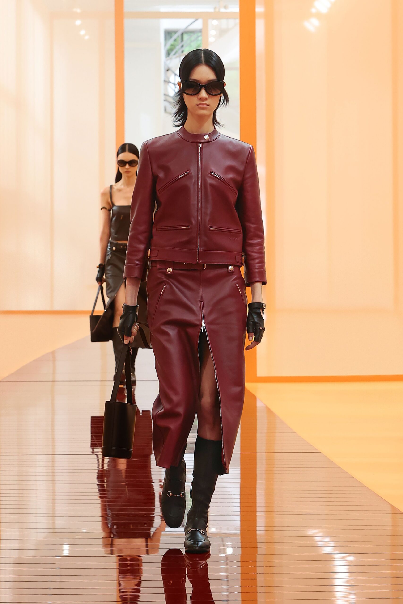 red leather slit fitted zippered skirt