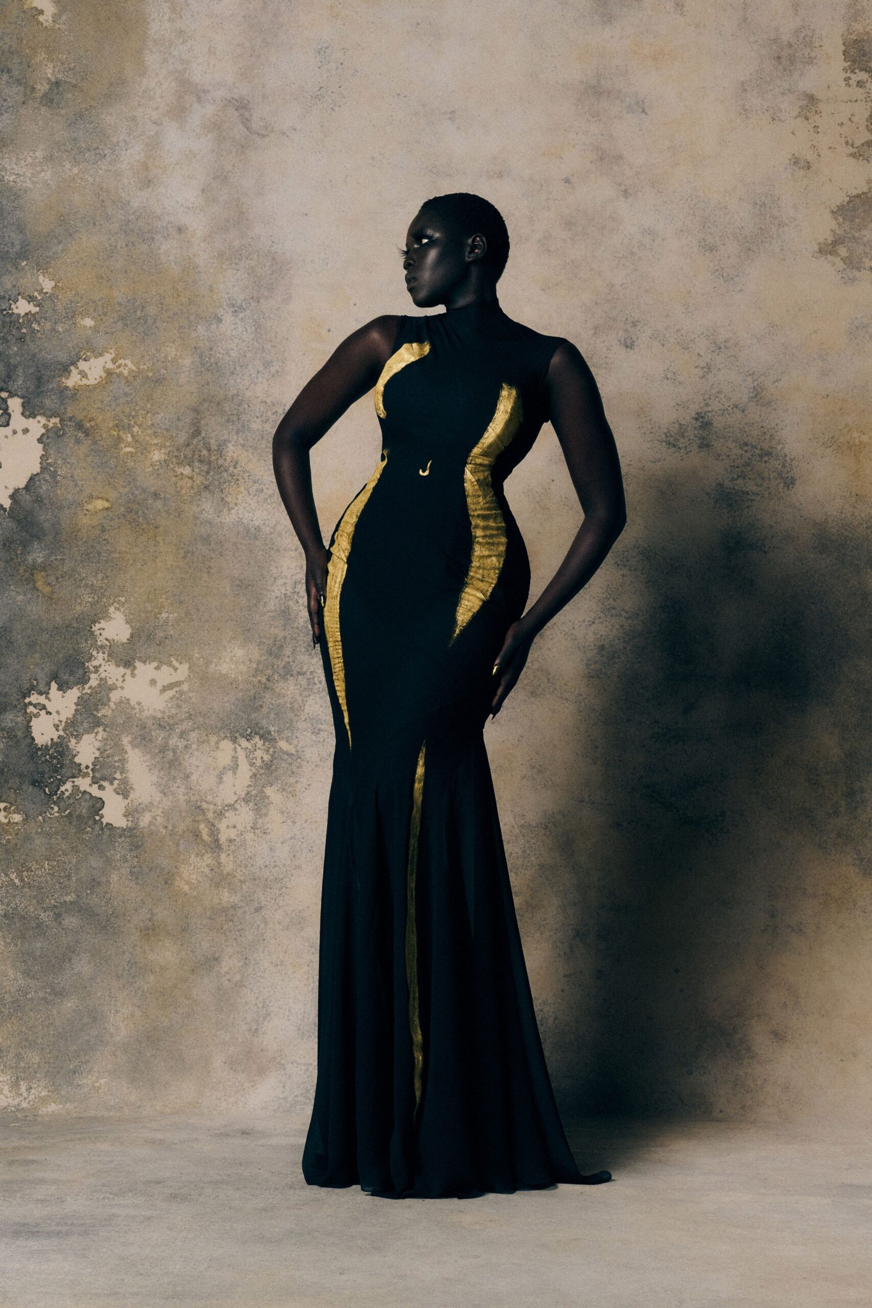 fitted black and gold gown
