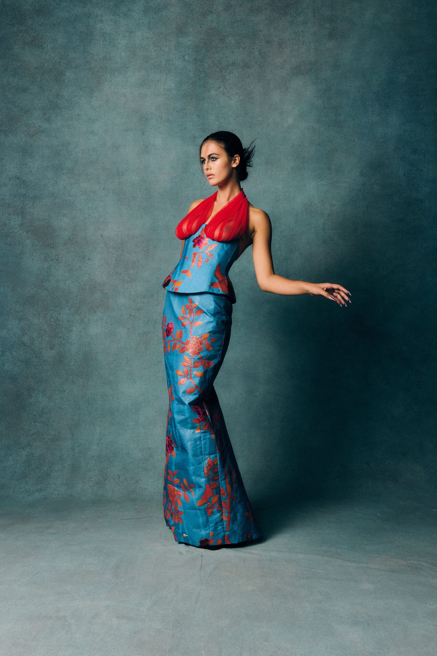 blue silk embroidered gown