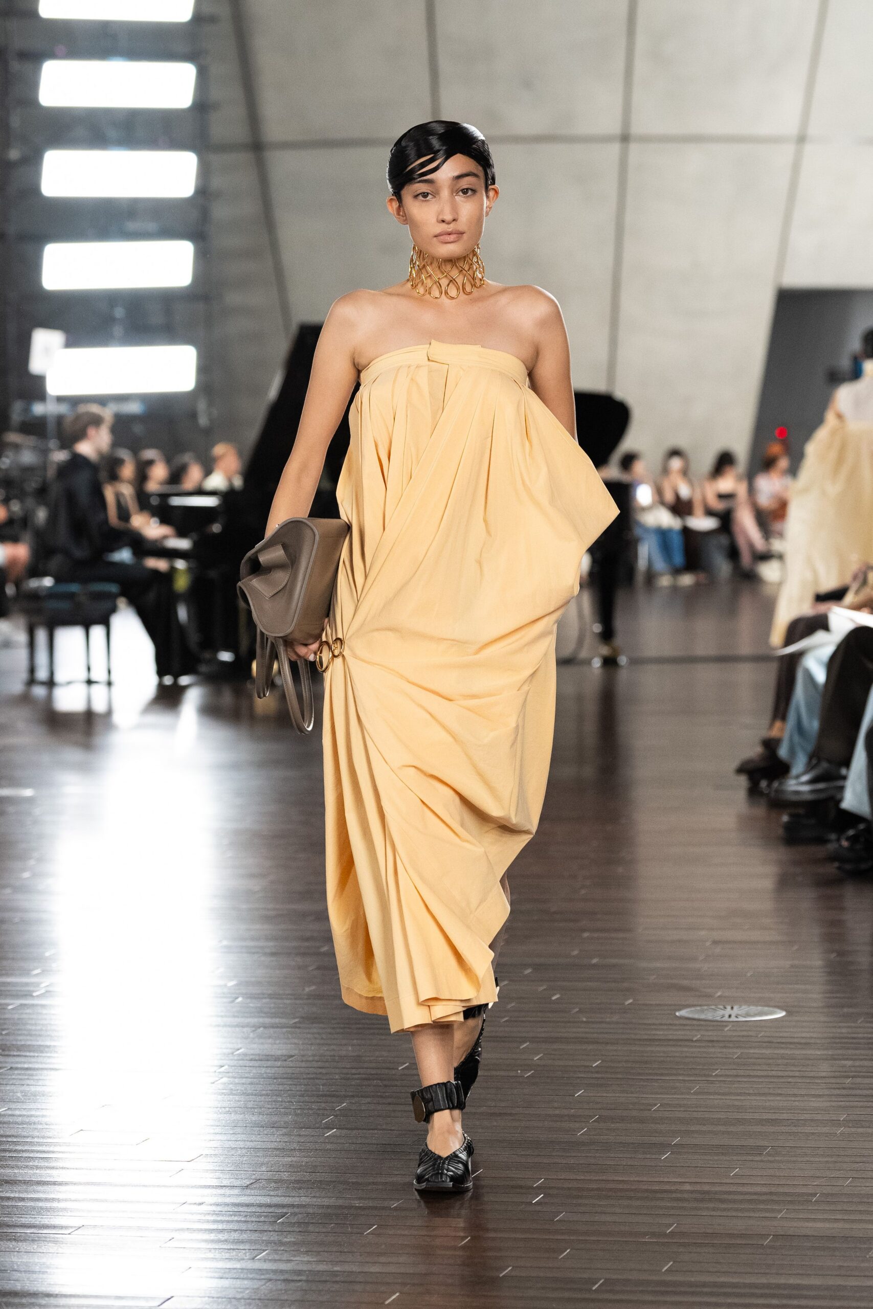 yellow silk strapless fitted draped flowing midi dress