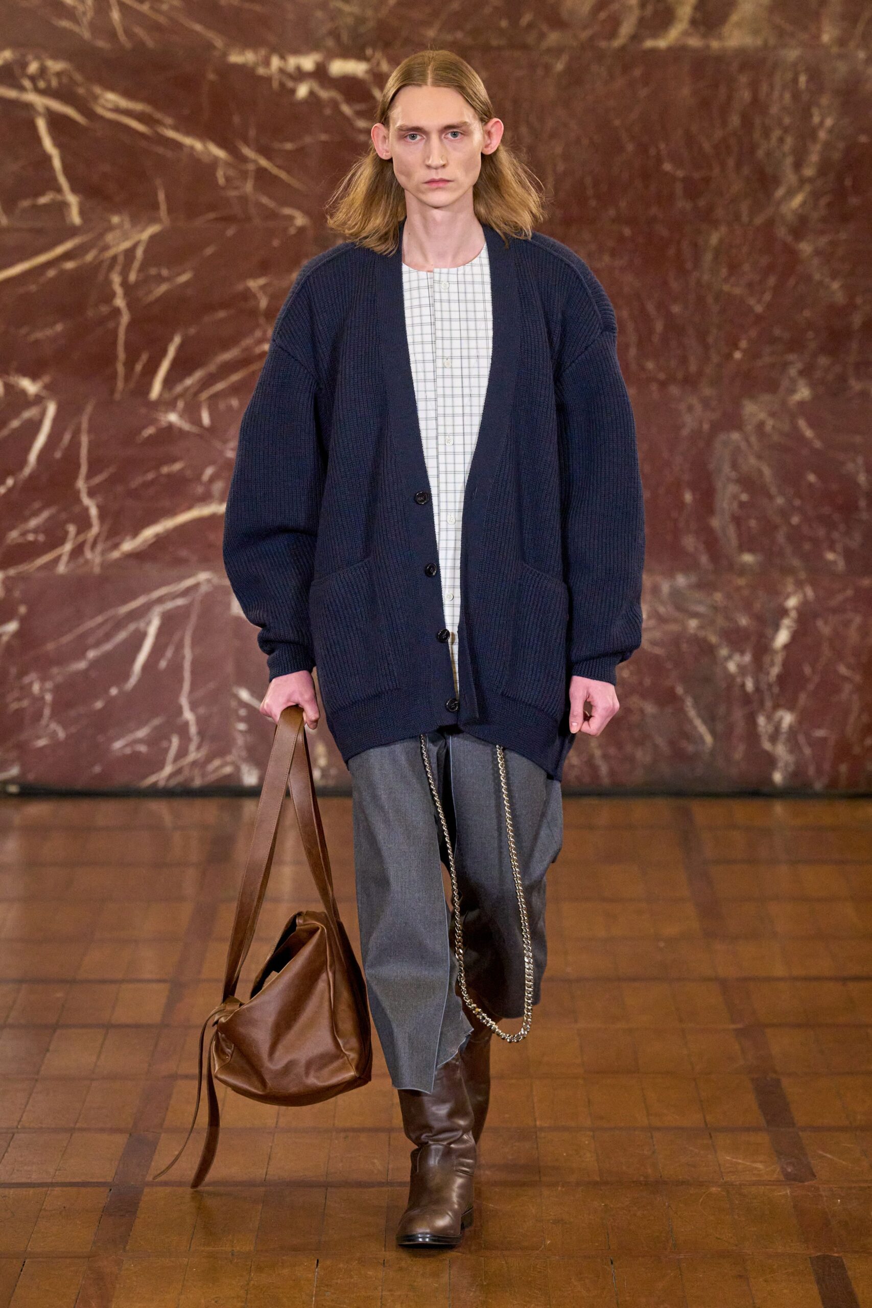 blue wool long-sleeve collared oversized cardigan