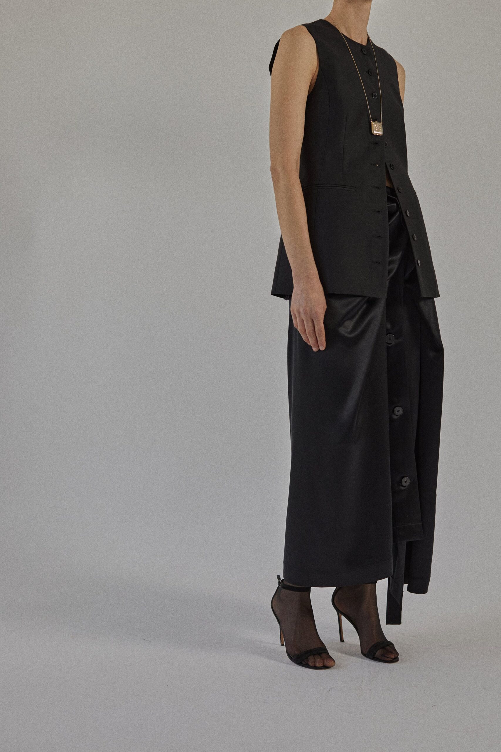 black leather long-sleeve high-neck fitted buttoned maxi skirt