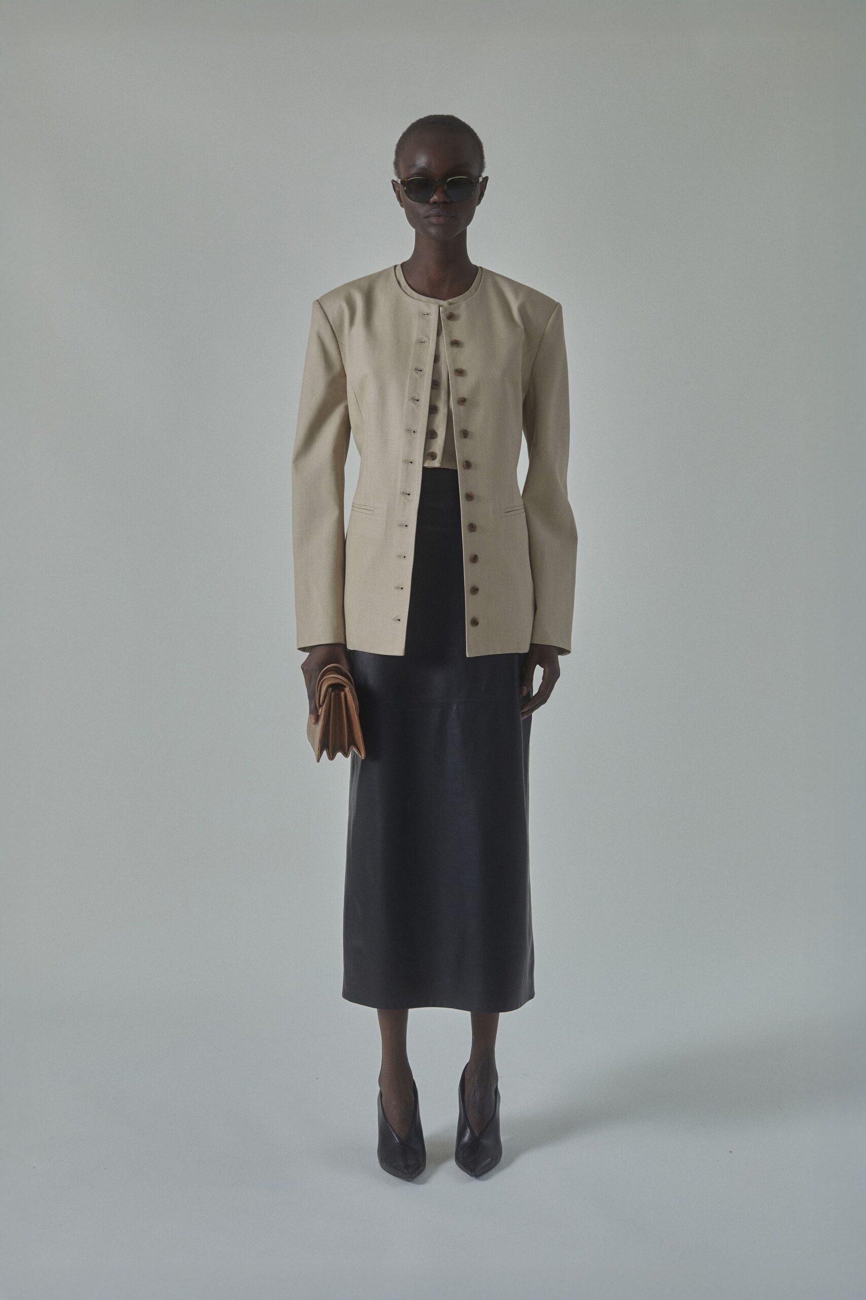 beige cotton long-sleeve collared structured buttoned jacket