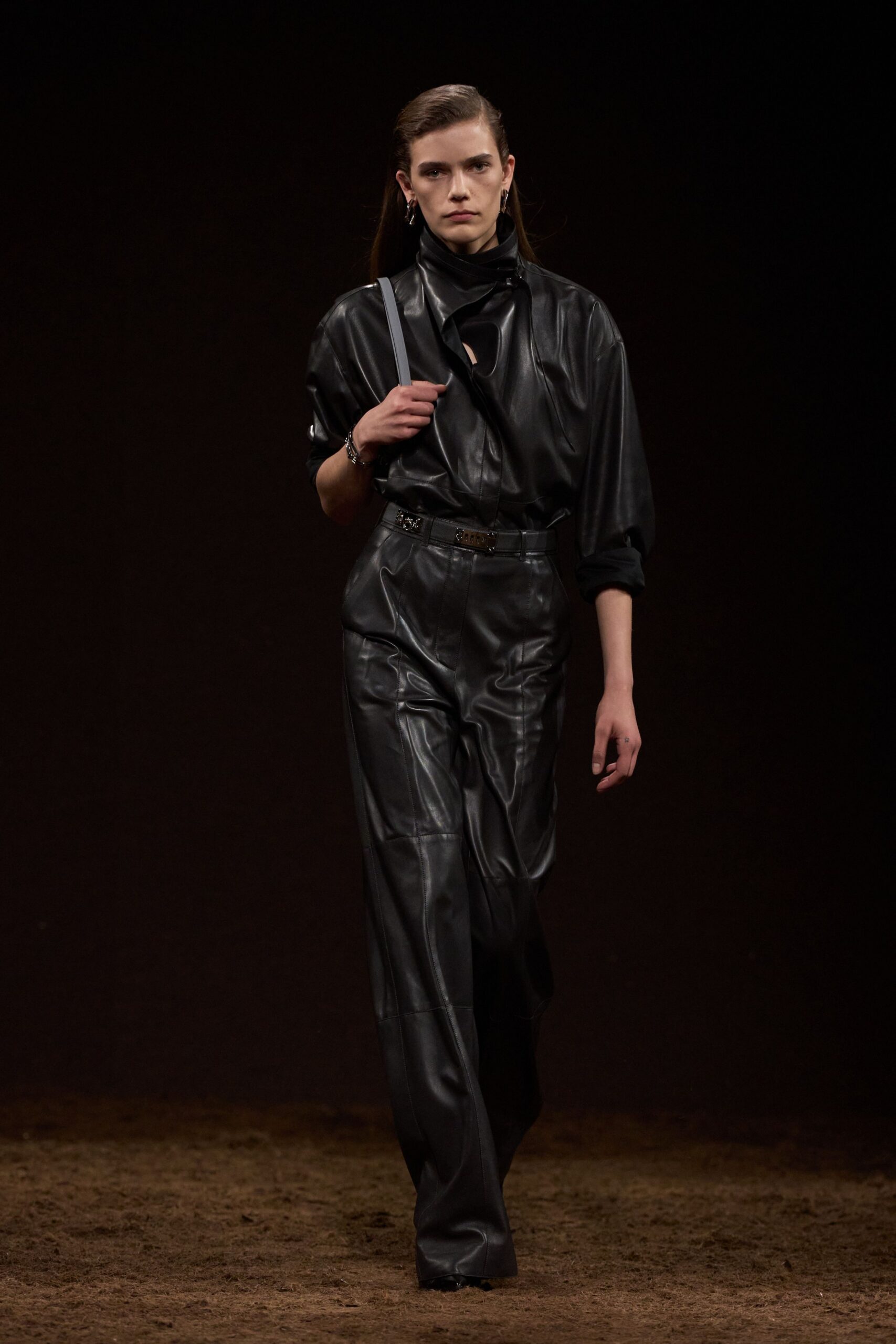 black leather long-sleeve collared relaxed zippered wide-leg jumpsuit