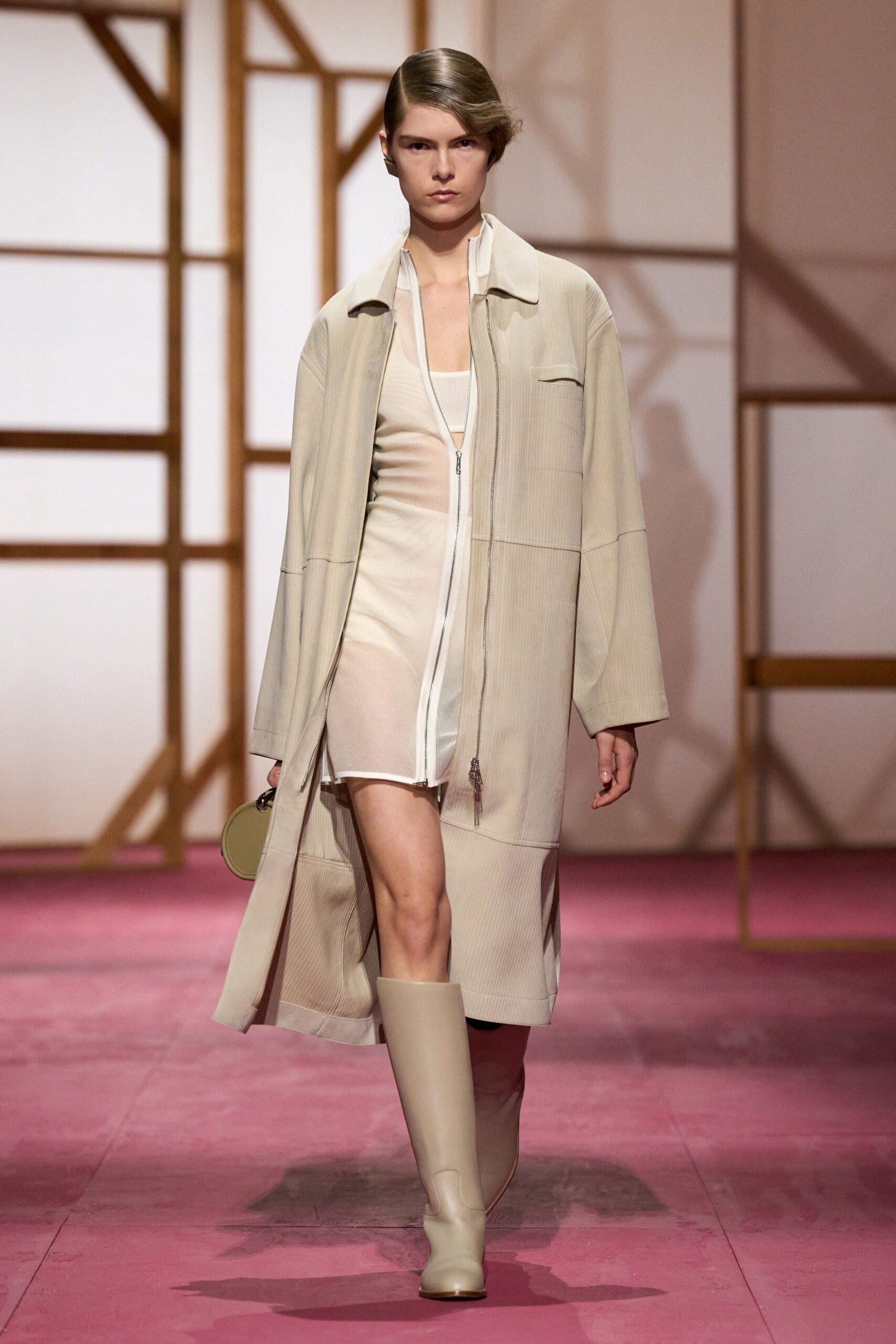 beige coat over white mini dress