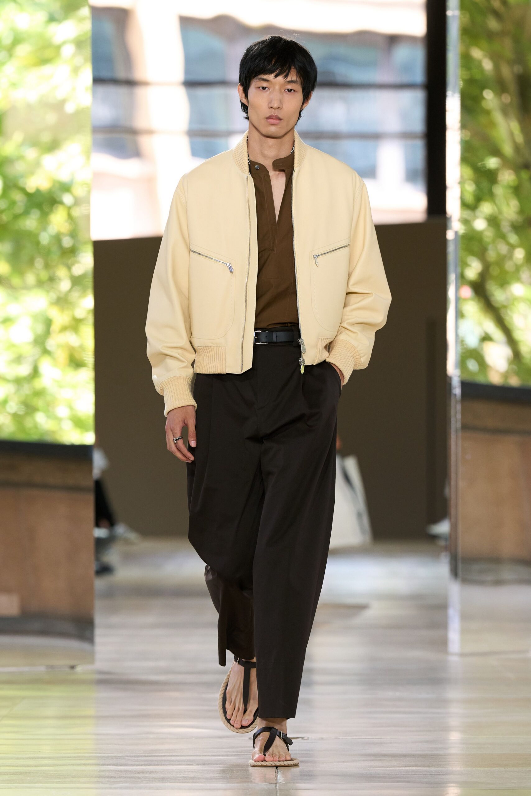 beige relaxed jacket with brown shirt