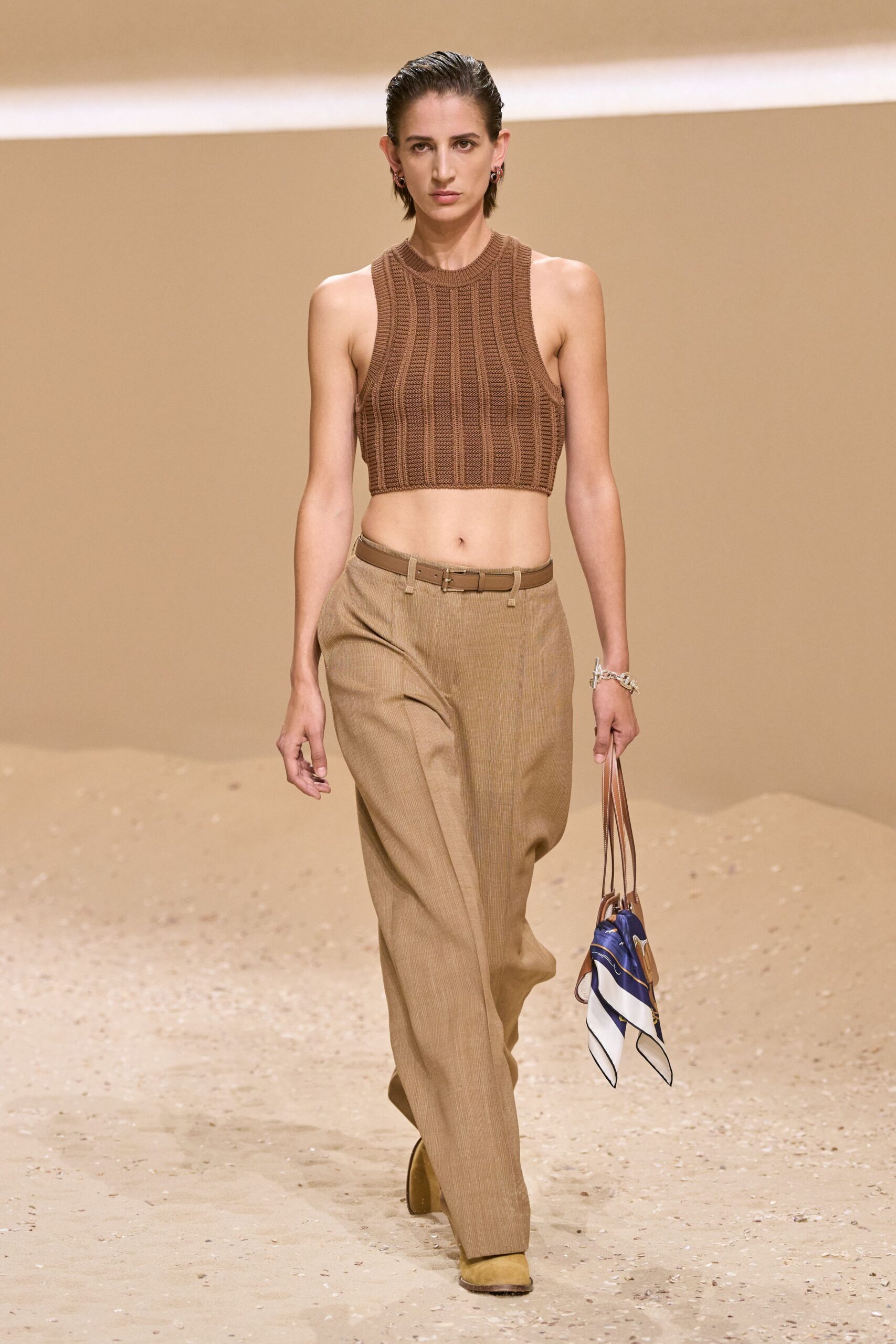 brown cotton sleeveless high-neck fitted ribbed cropped crop-top