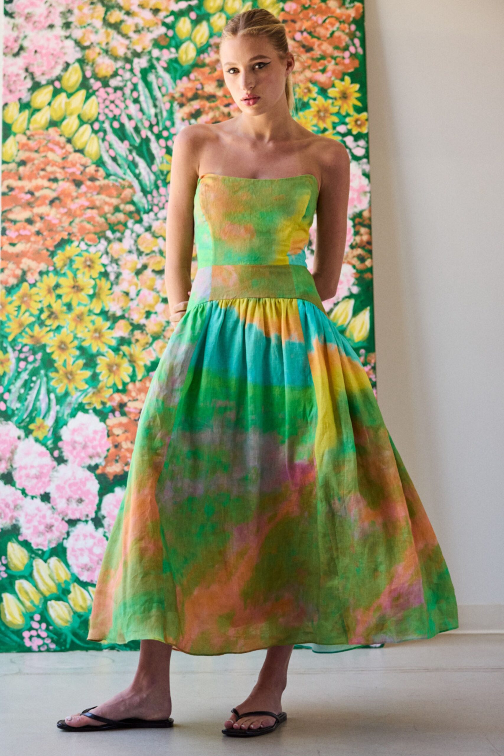 green cotton strapless fitted tiered flowing maxi dress