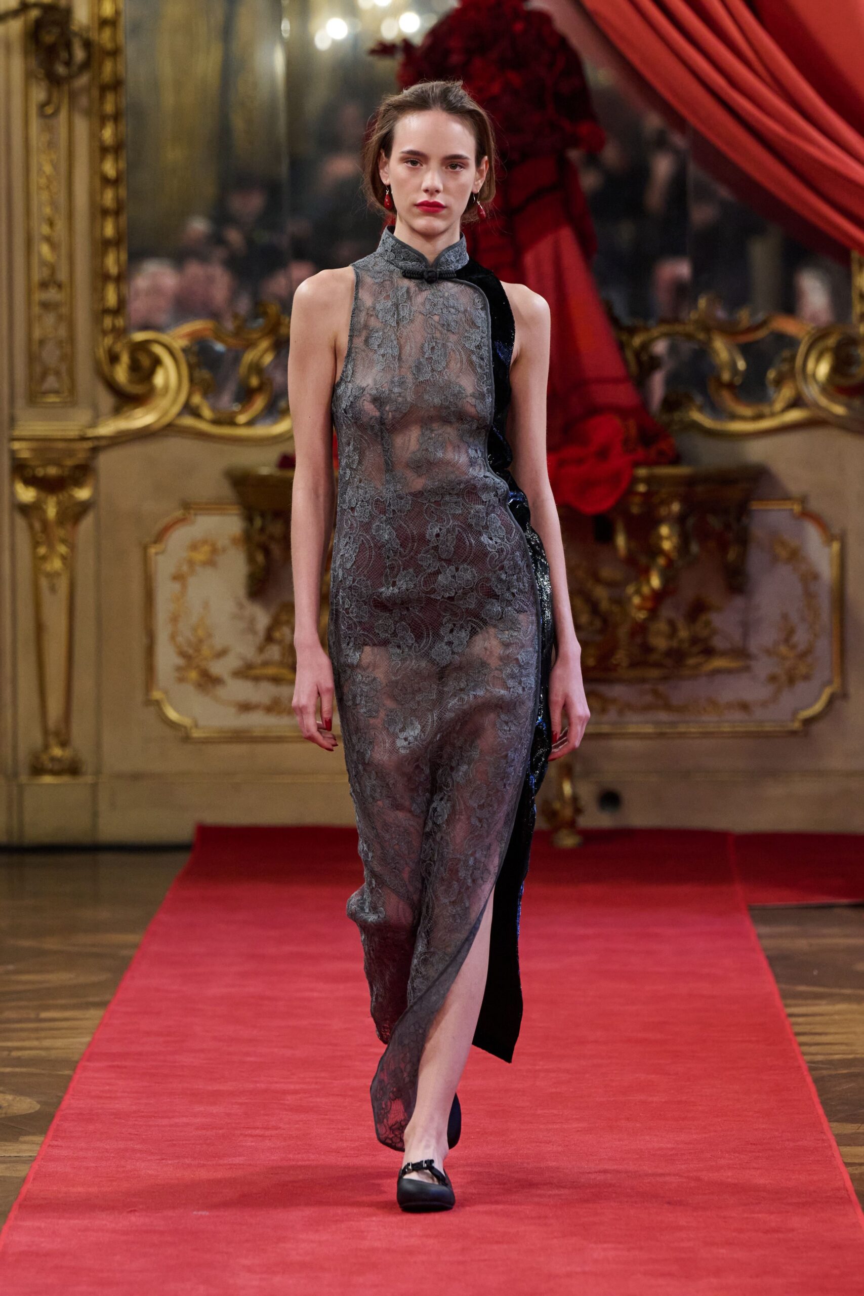 black embroidered silk gown