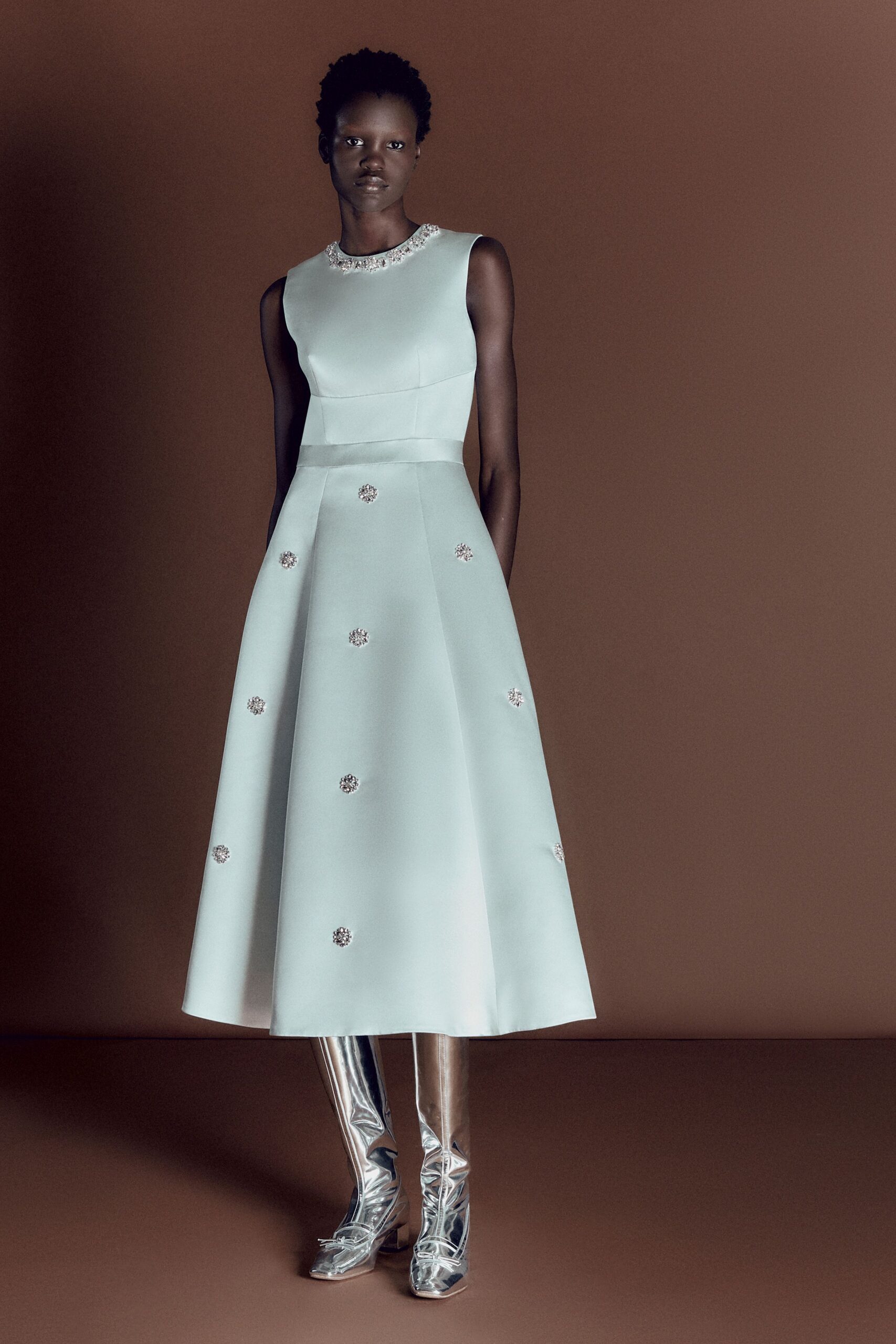 white silk sleeveless high-neck fitted embroidered a-line dress