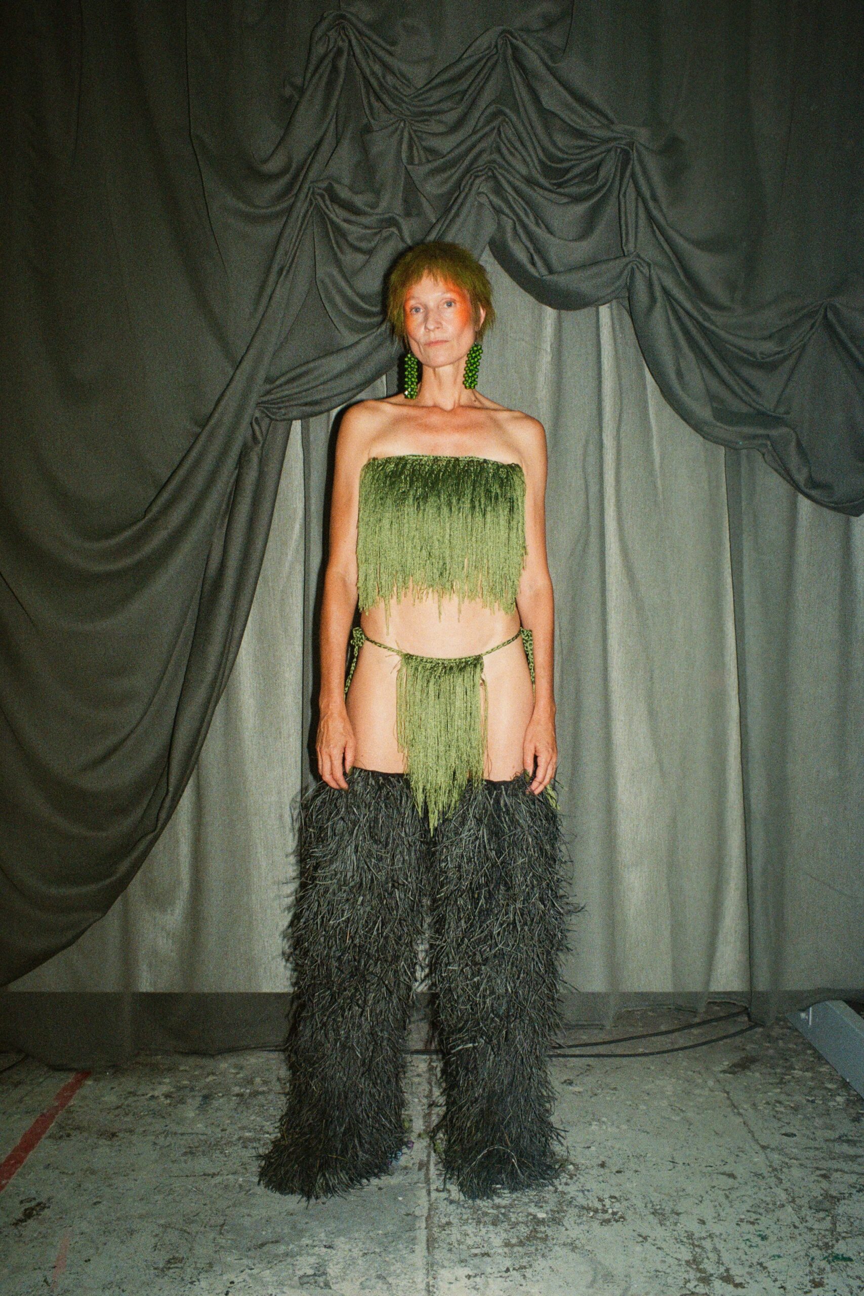 green fringed top and bottoms