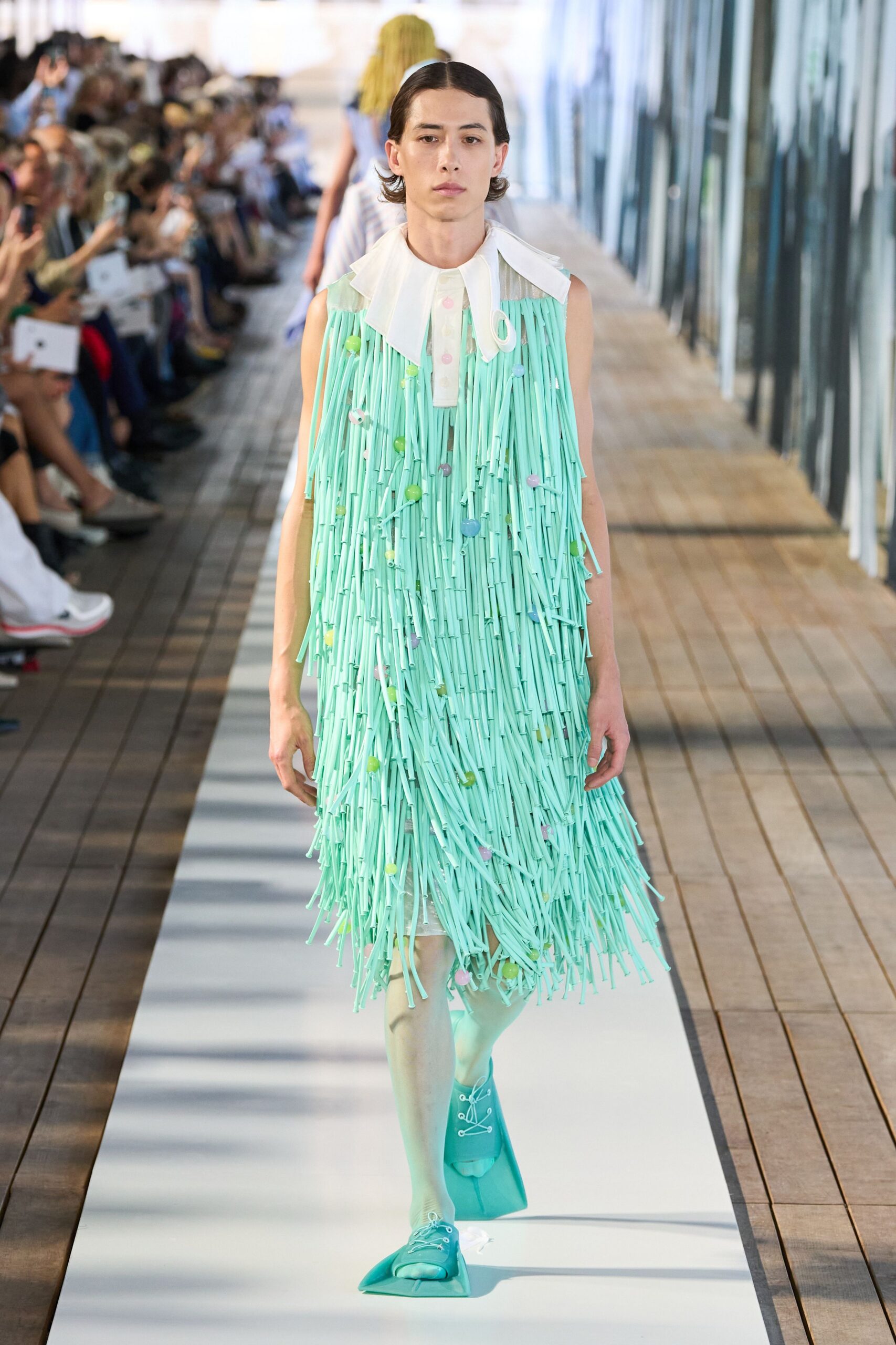 green cotton sleeveless collared relaxed fringed midi dress
