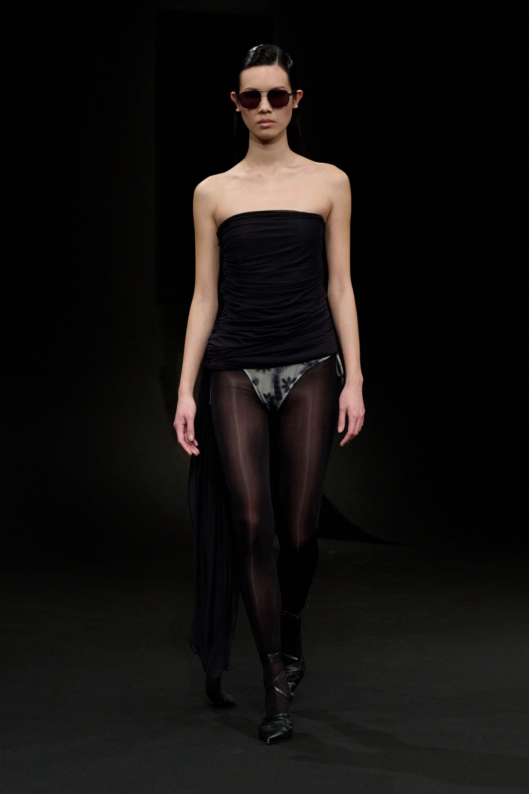 black strapless draped dress
