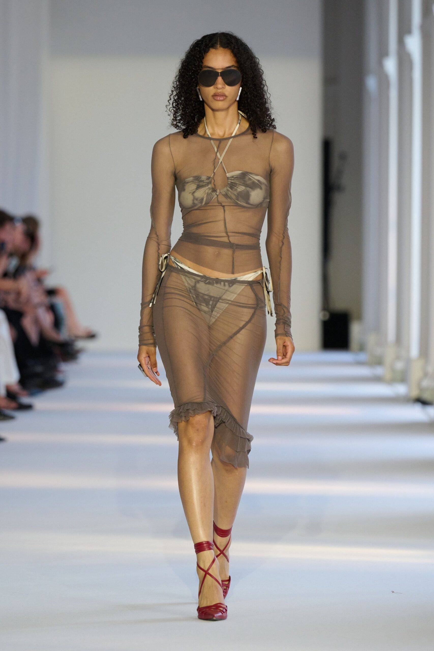 brown mesh sleeveless v-neck fitted ruched layered dress