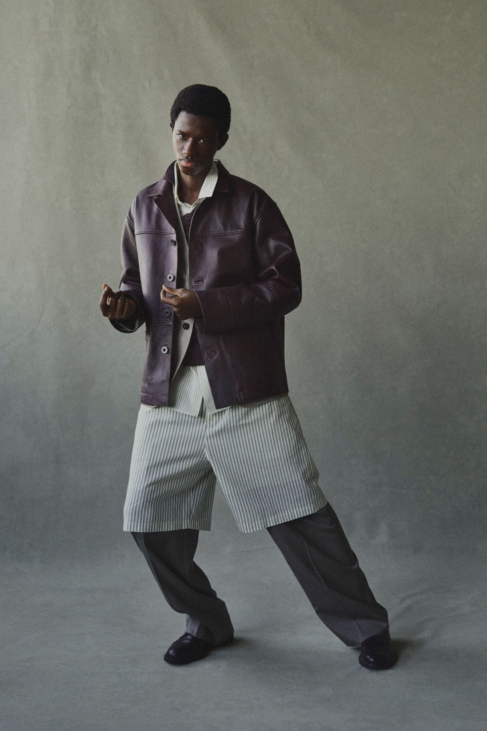 purple leather long-sleeve collared relaxed jacket