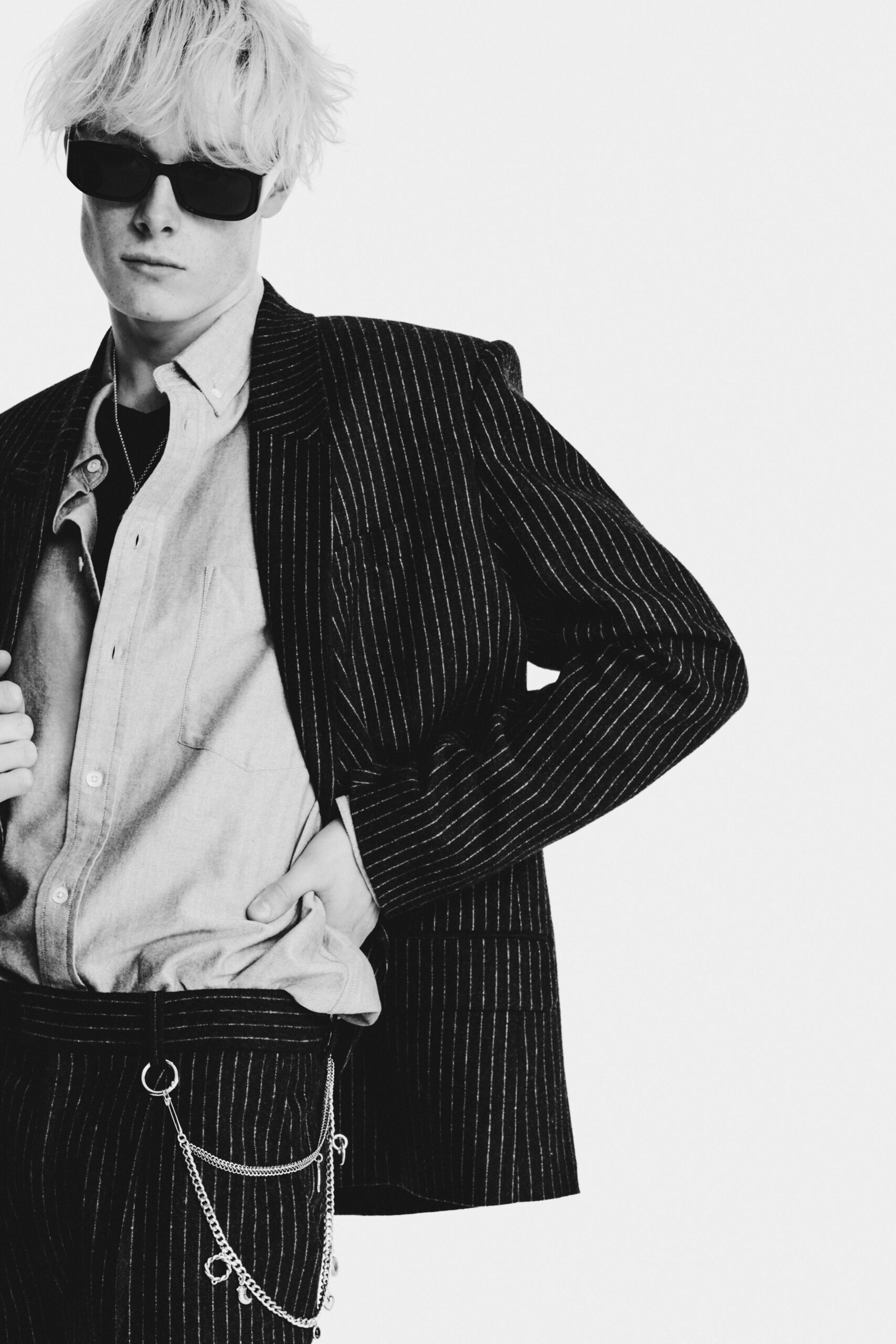 black and white striped suit