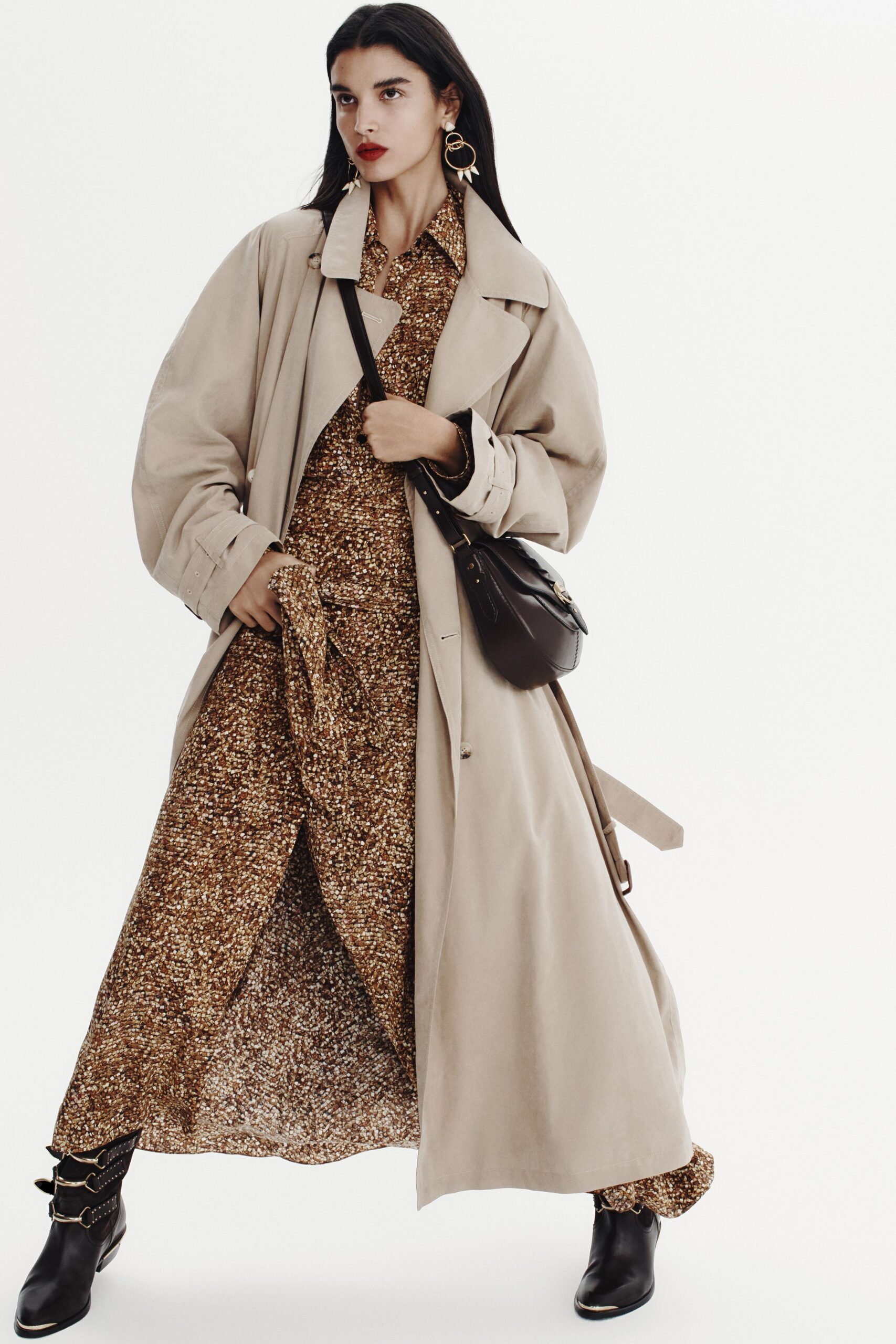 brown cotton long-sleeve collared relaxed floral tiered dress