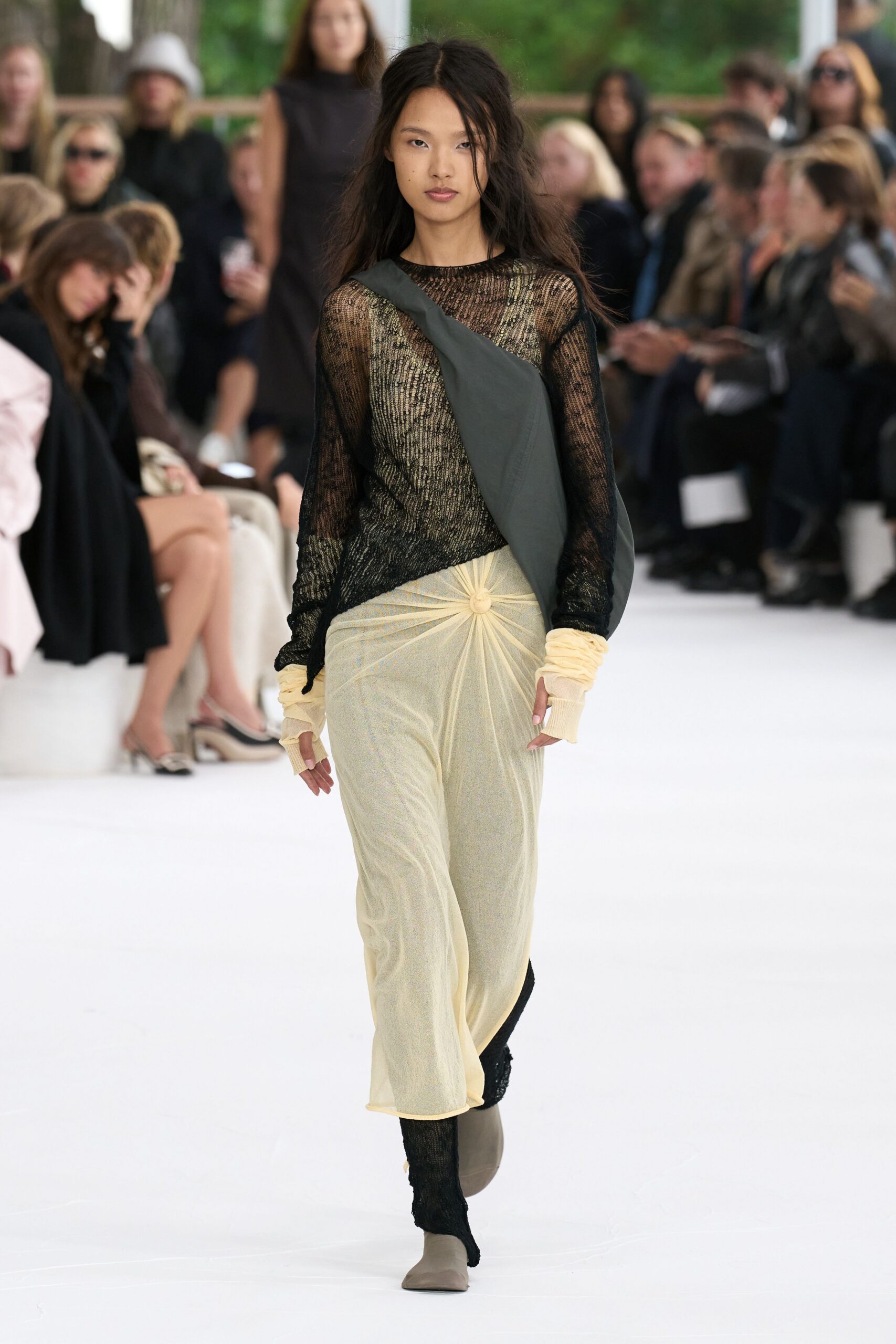 black mesh top yellow pants