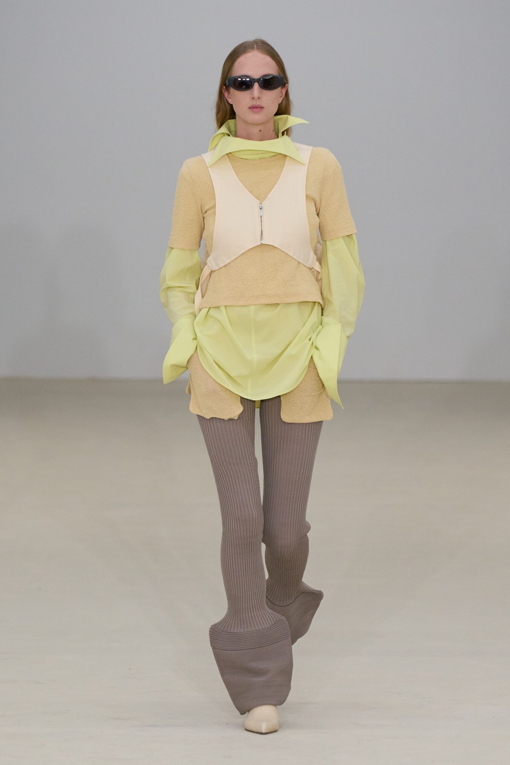yellow beige layered top with wide-leg pants