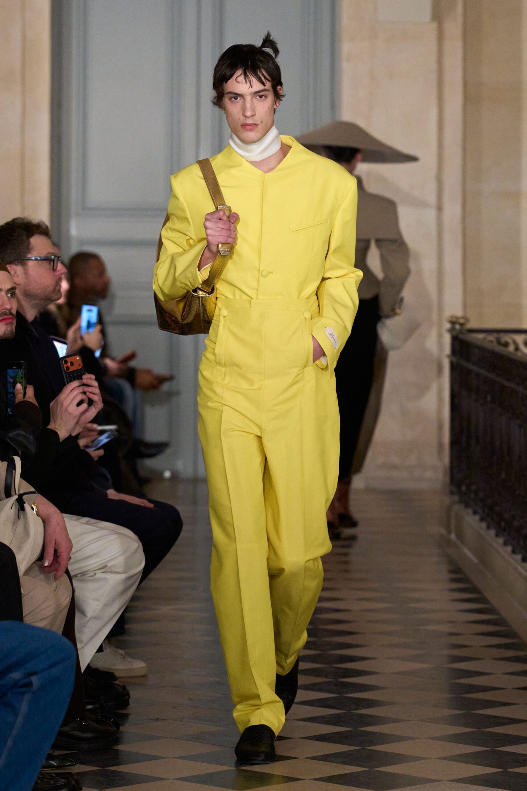 yellow tailored suit with bag