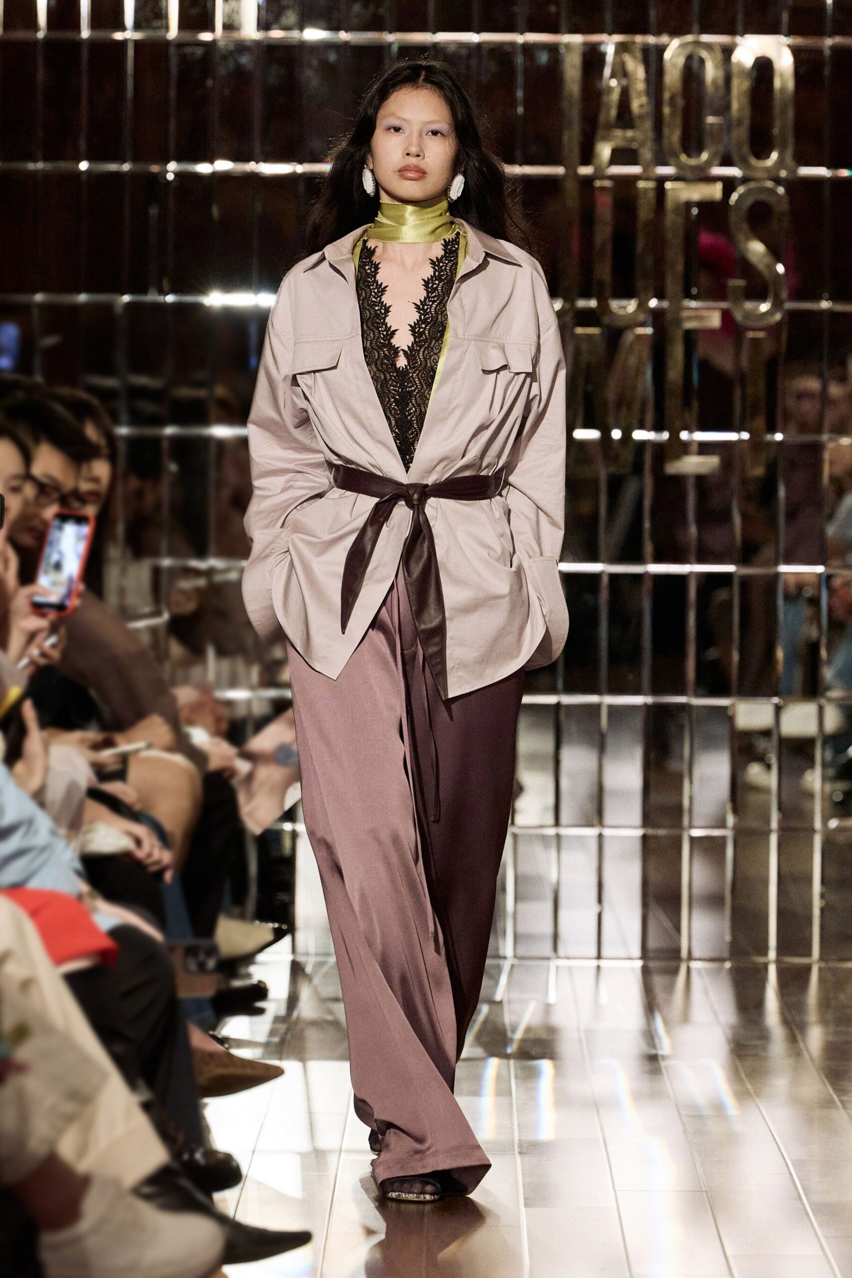 beige relaxed jacket with black lace top