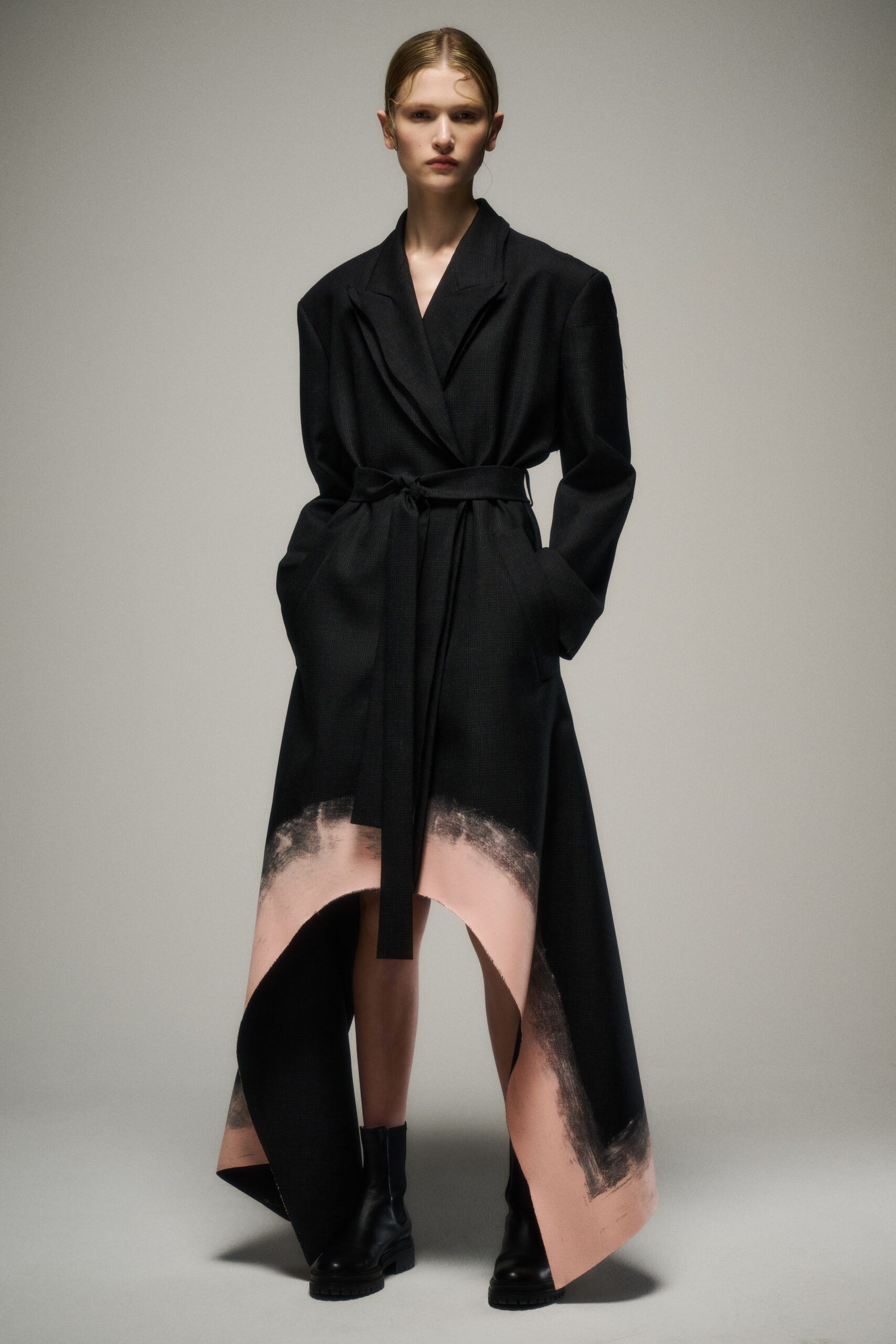 black wool long-sleeve collared relaxed belted draped coat