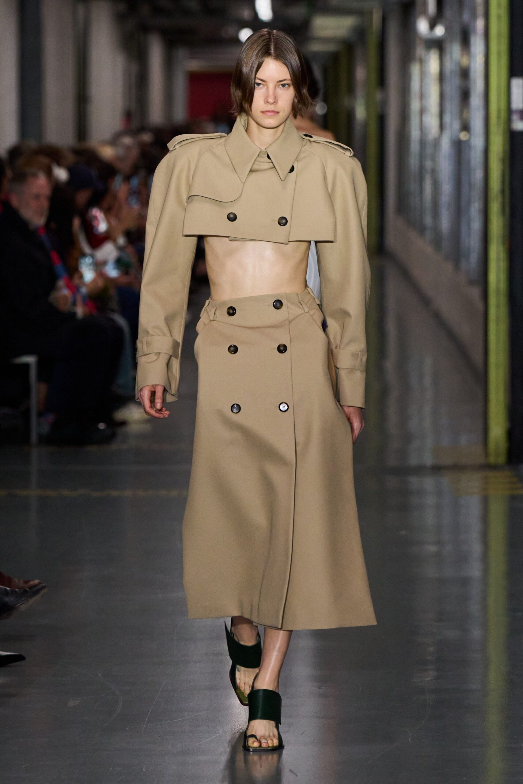 beige wool long-sleeve collared structured buttoned midi coat