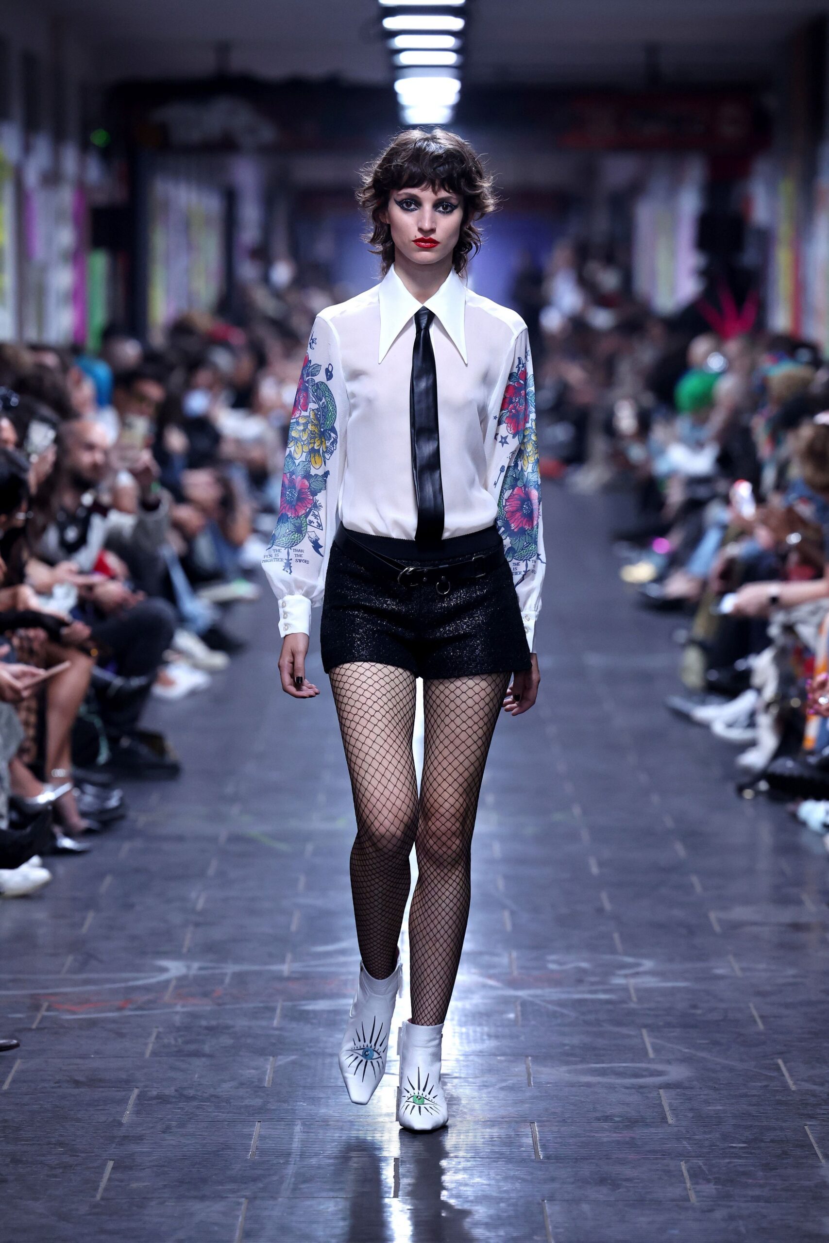 white collared shirt black skirt
