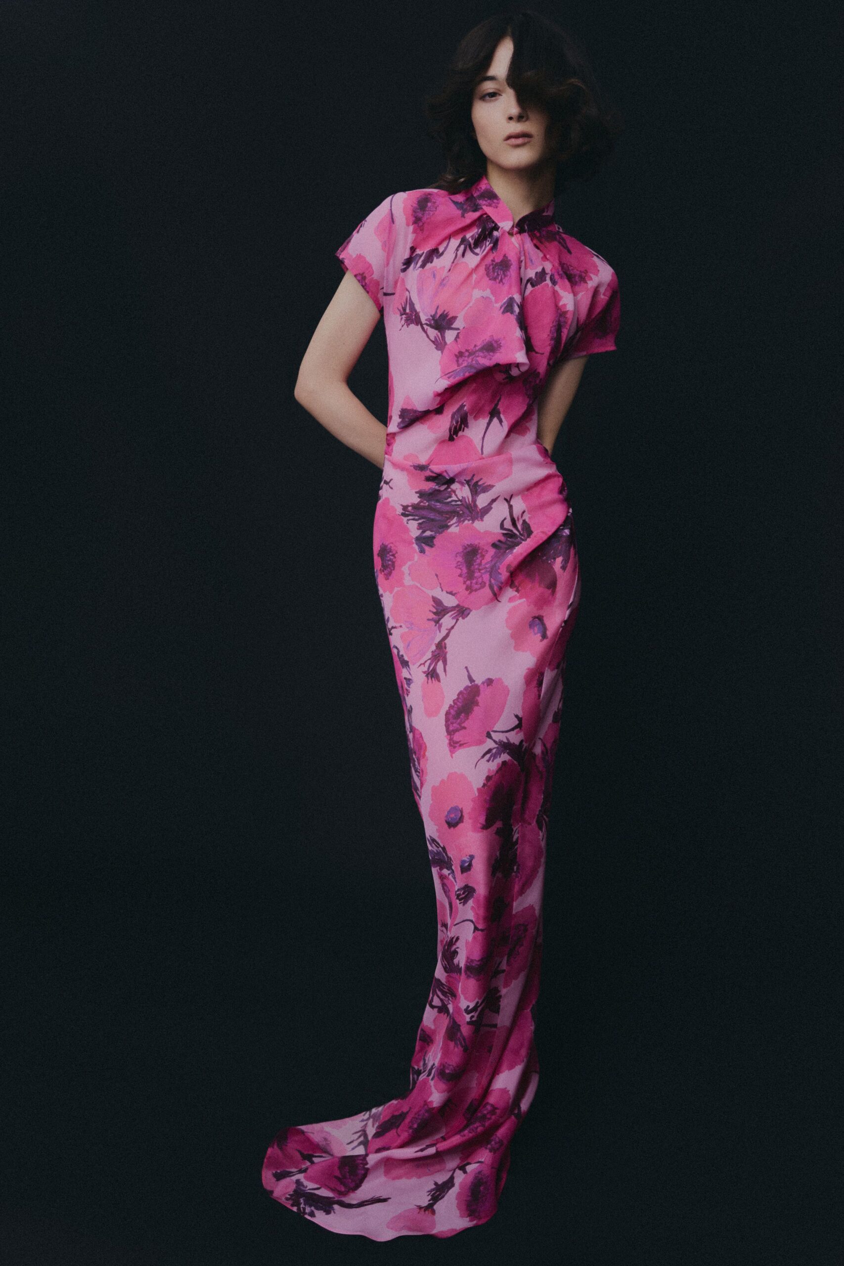 pink floral fitted gown