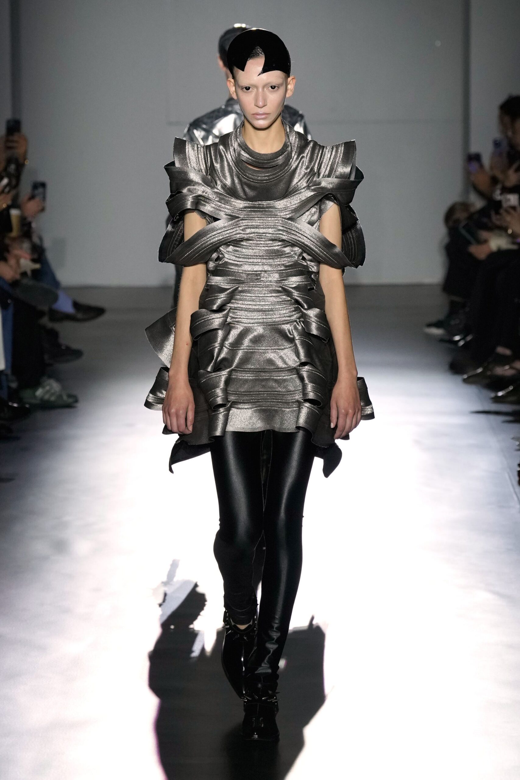 gray metallic sleeveless high-neck fitted ruffled layered dress