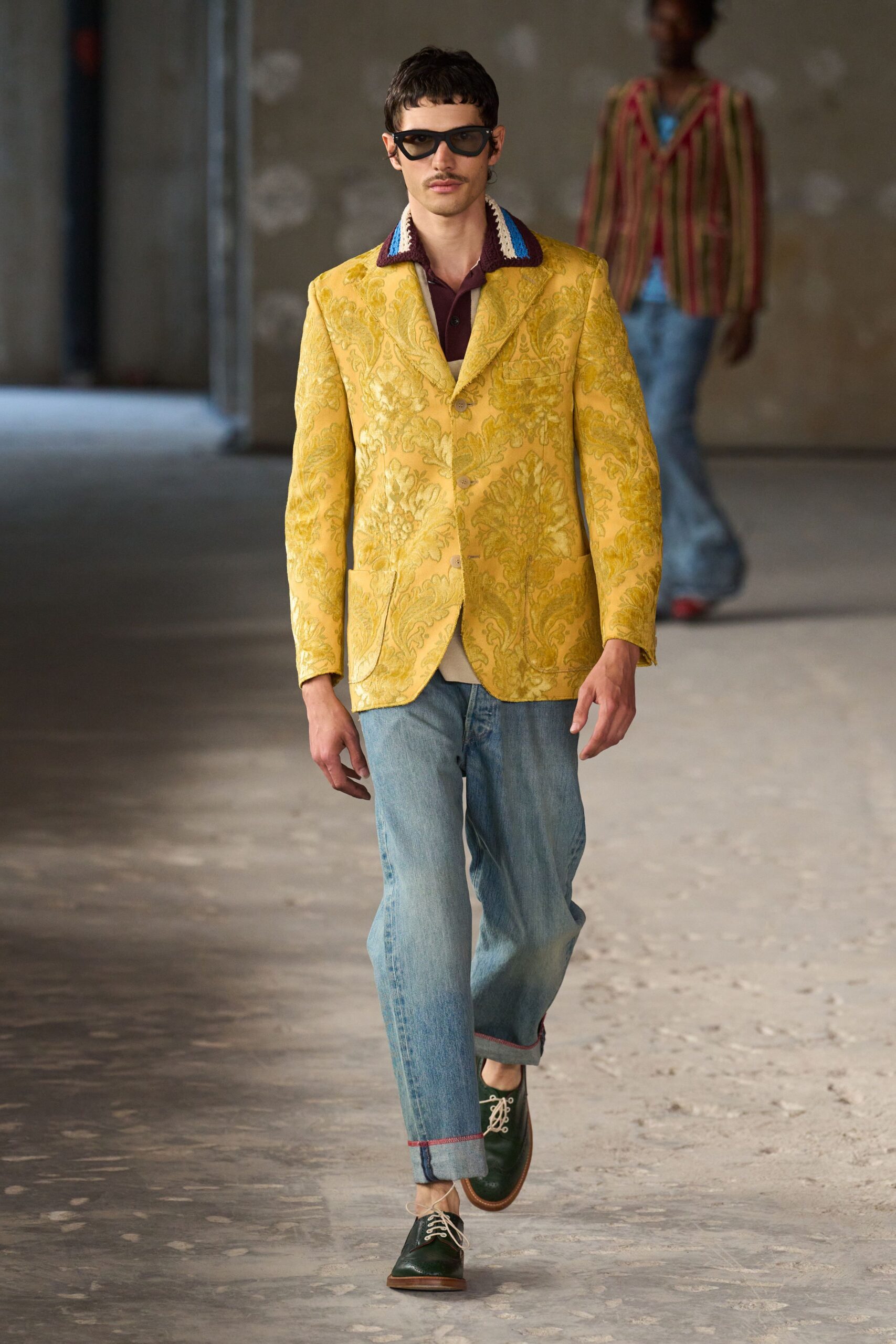 yellow embroidered blazer with jeans